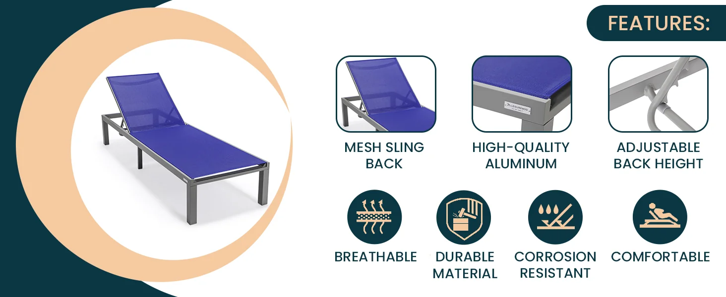 Marlin Modern Aluminum Outdoor Patio Chaise Lounge Chair Set of 2 with Square Fire Pit Side Table Perfect for Patio, Lawn, and Garden