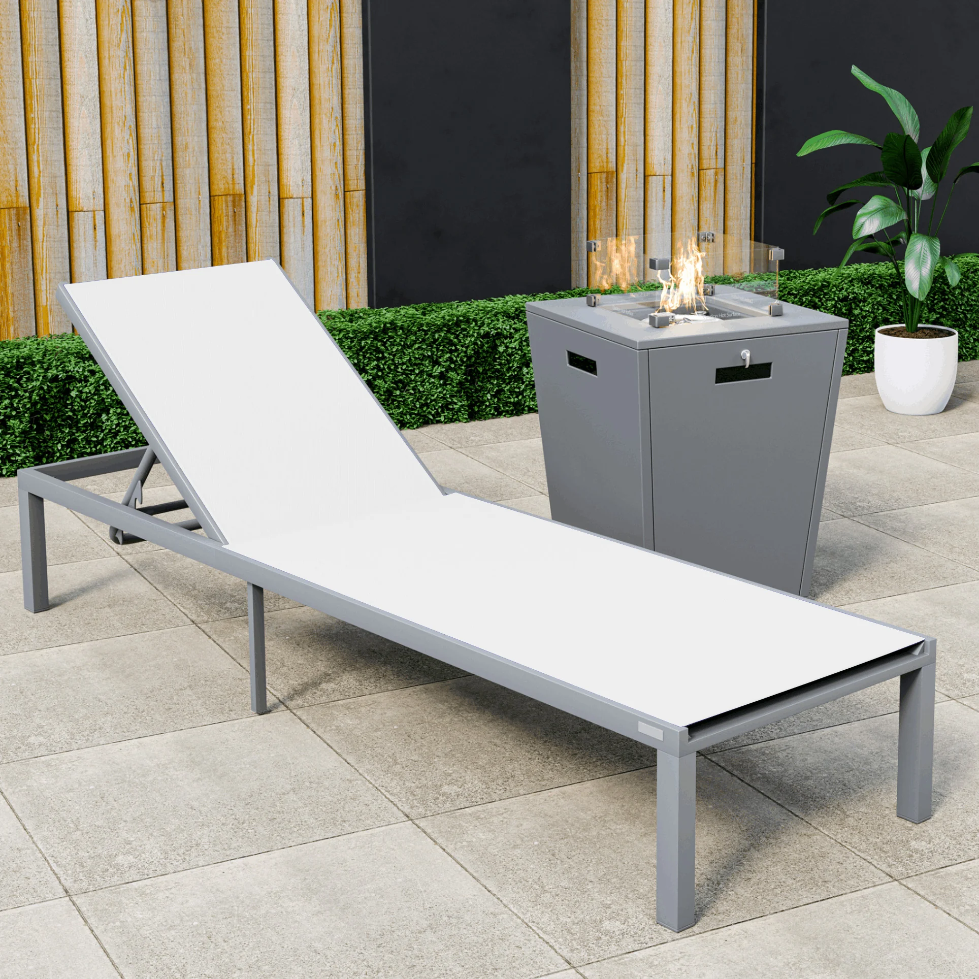 Marlin Modern Grey Aluminum Outdoor Patio Chaise Lounge Chair with Square Fire Pit Side Table Perfect for Patio, Lawn, and Garden
