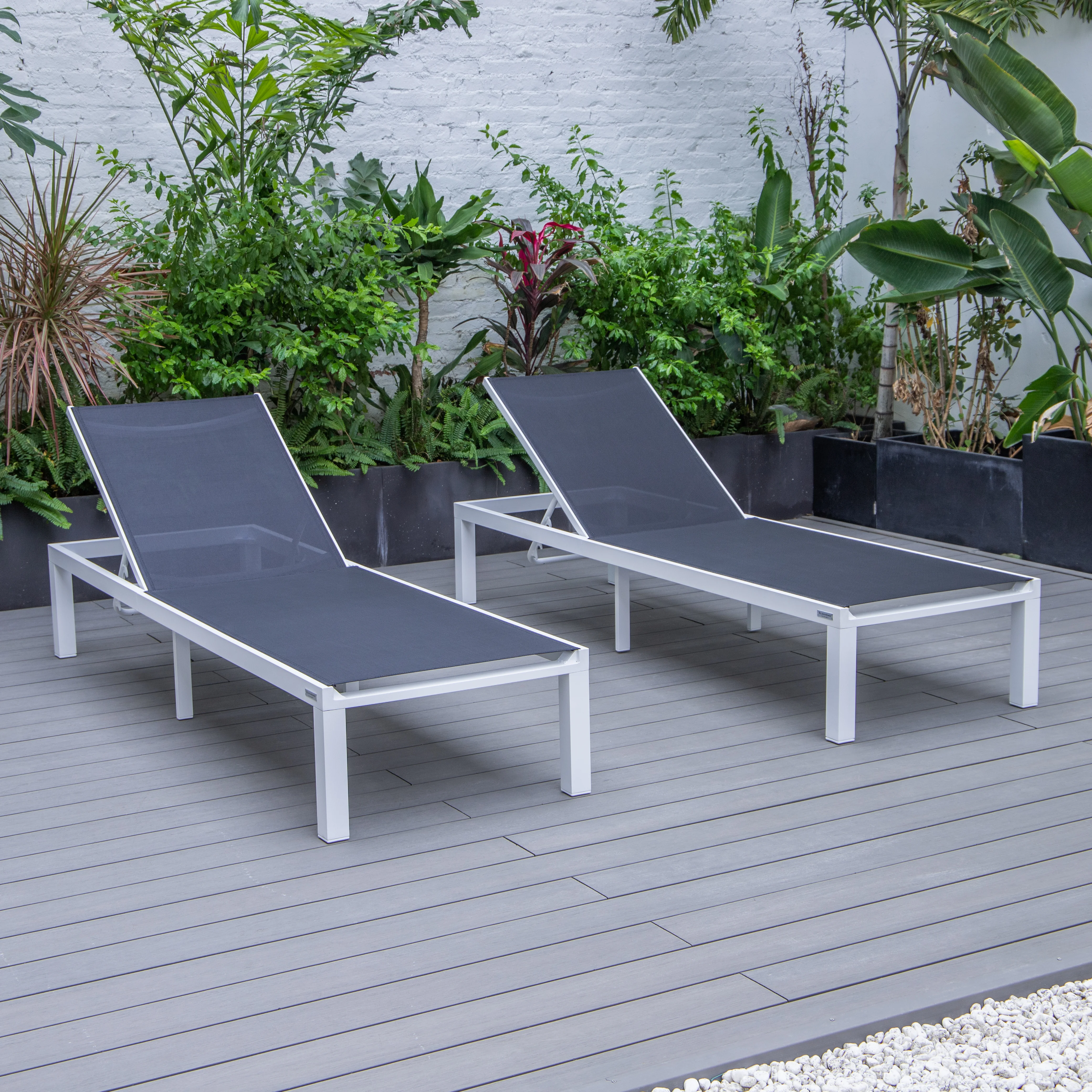 Marlin Patio Chaise Lounge Chair With White Aluminum Frame, Set of 2 in Black