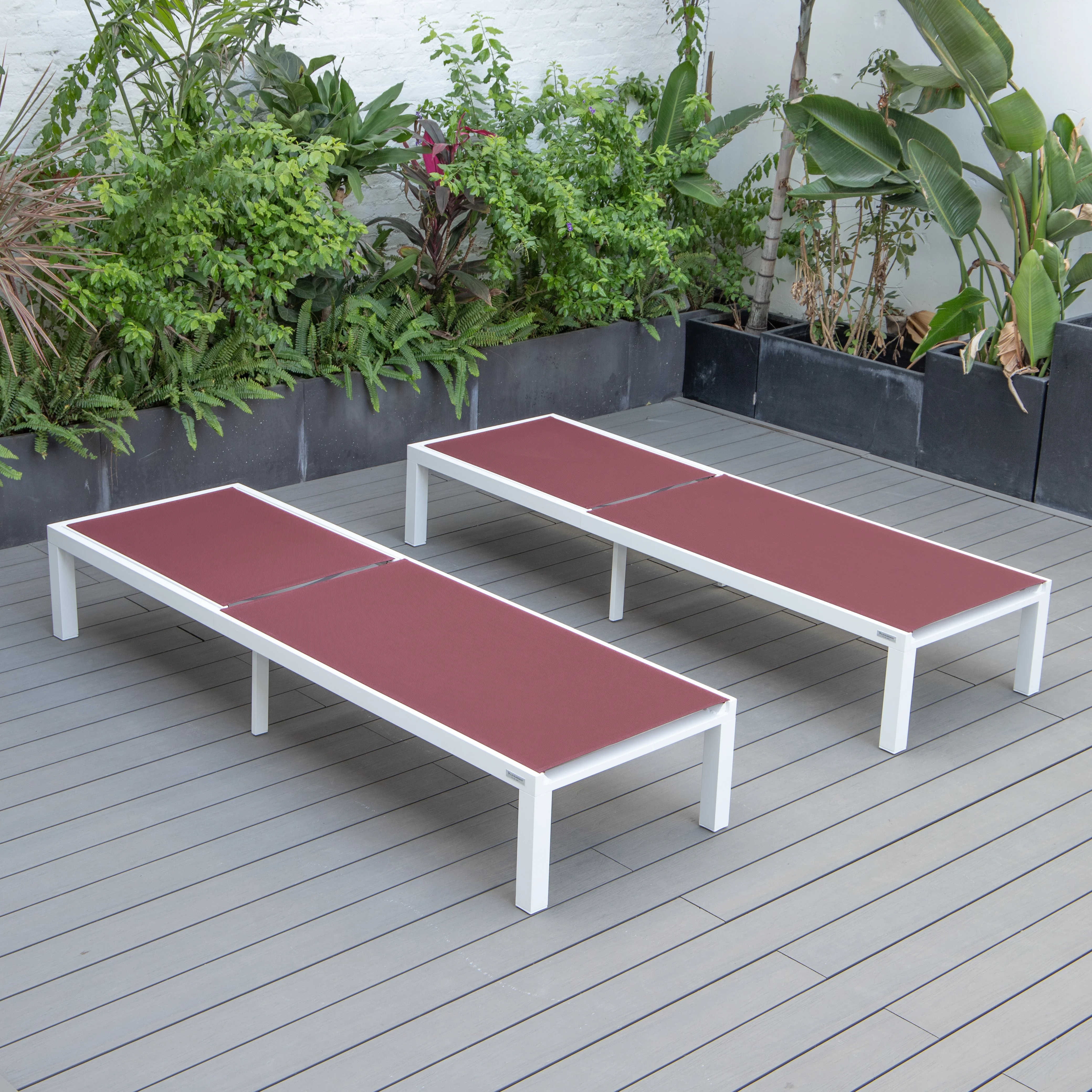 Marlin Patio Chaise Lounge Chair With White Aluminum Frame, Set of 2 in Burgundy