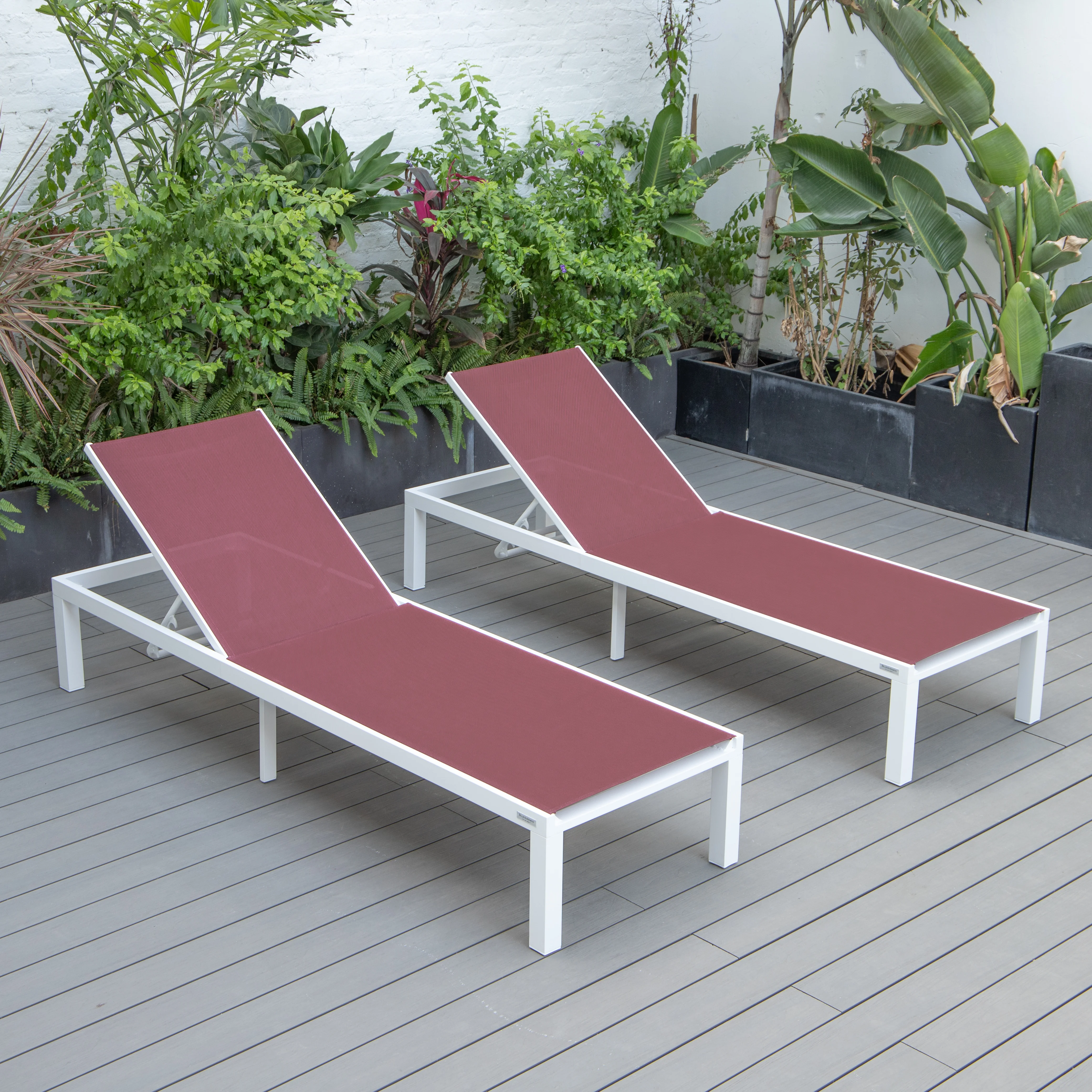 Marlin Patio Chaise Lounge Chair With White Aluminum Frame, Set of 2 in Burgundy