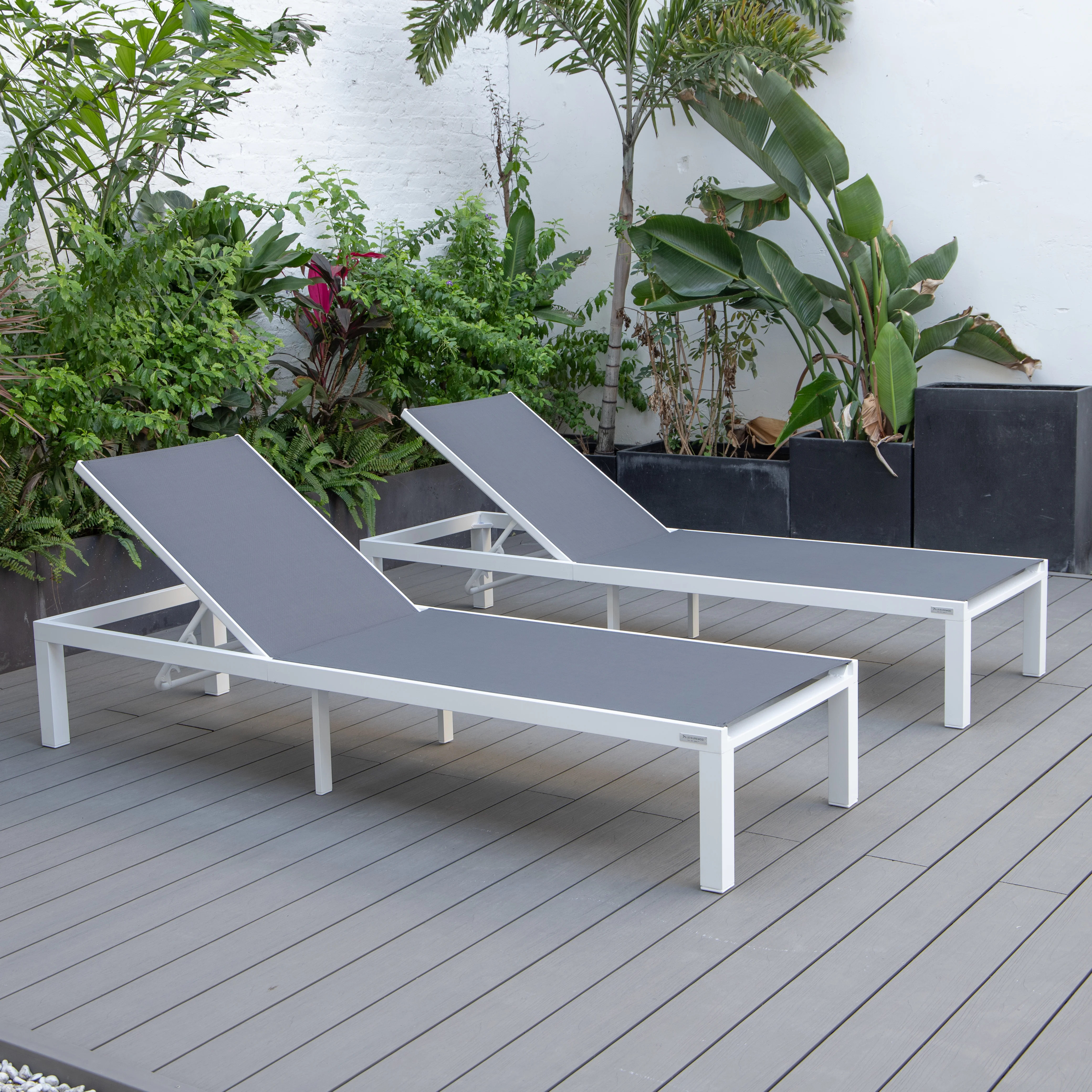 Marlin Patio Chaise Lounge Chair With White Aluminum Frame, Set of 2 in Dark Grey