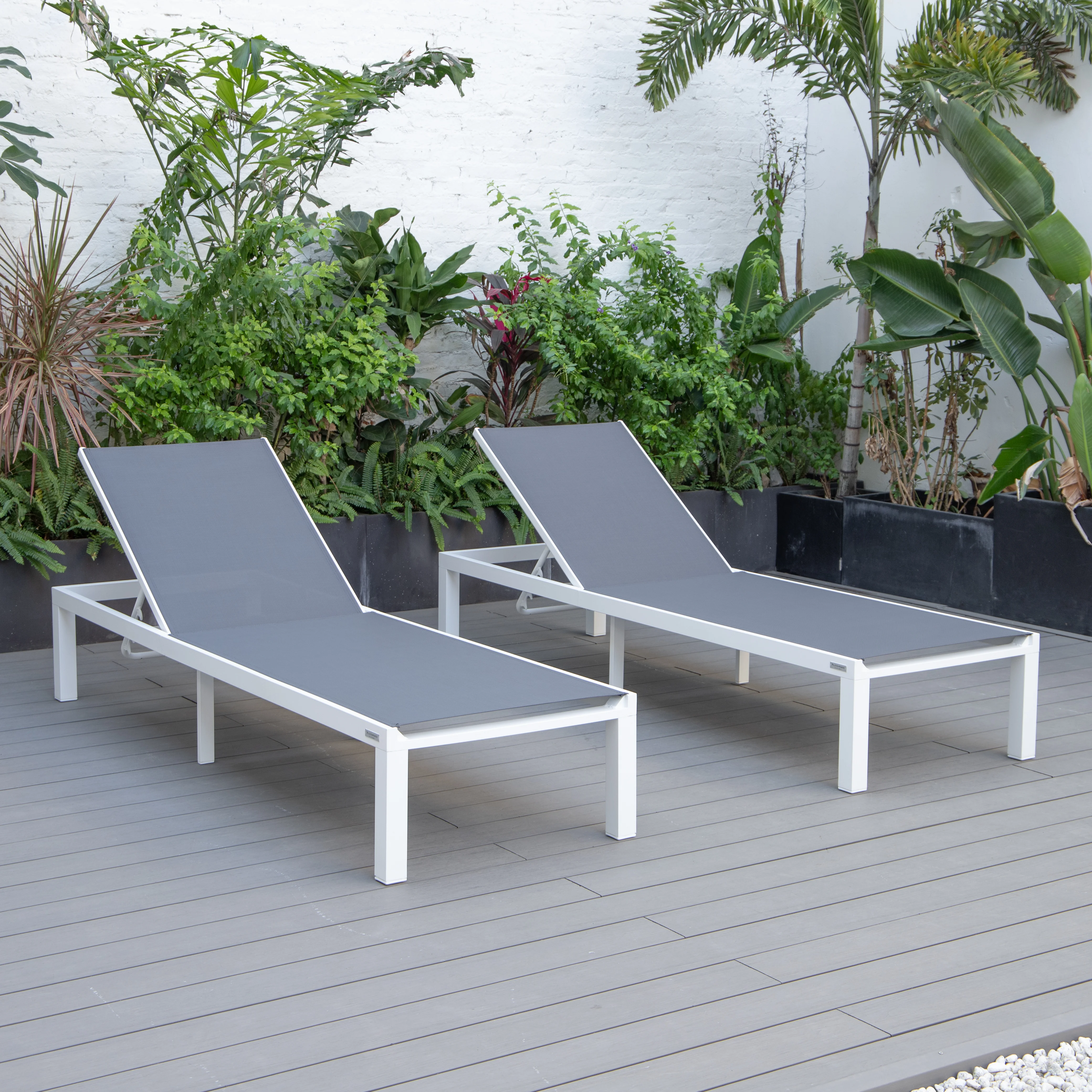 Marlin Patio Chaise Lounge Chair With White Aluminum Frame, Set of 2 in Dark Grey