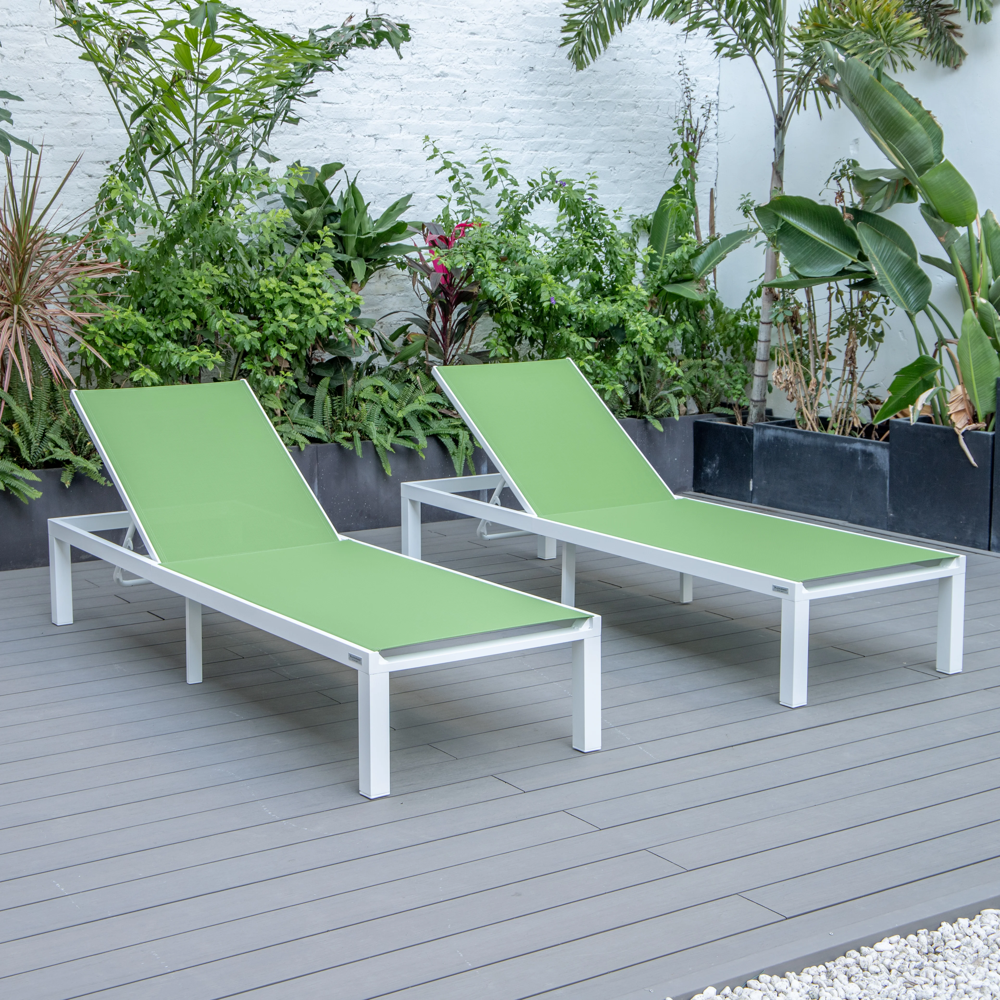 Marlin Patio Chaise Lounge Chair With White Aluminum Frame, Set of 2 in Green