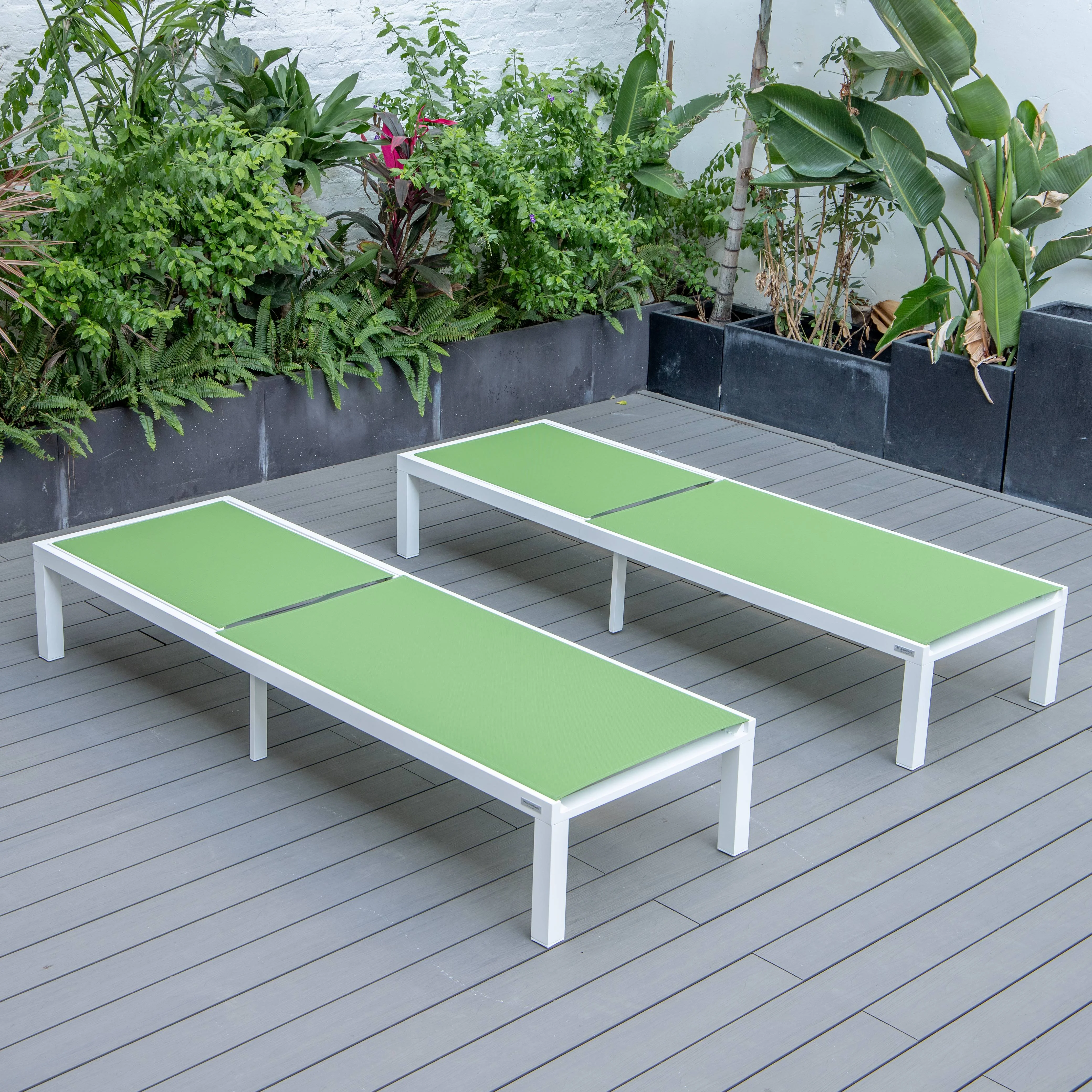 Marlin Patio Chaise Lounge Chair With White Aluminum Frame, Set of 2 in Green