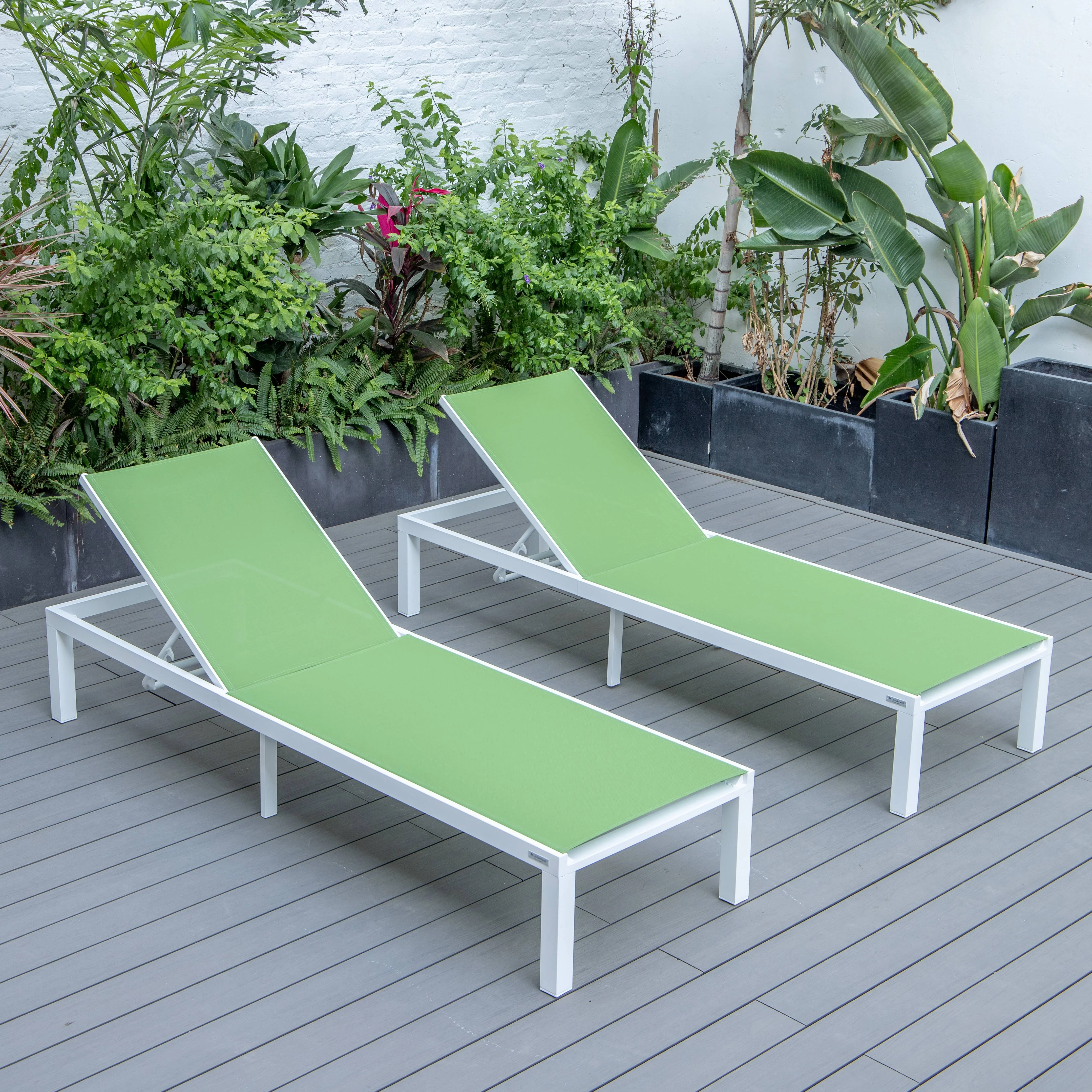 Marlin Patio Chaise Lounge Chair With White Aluminum Frame, Set of 2 in Green