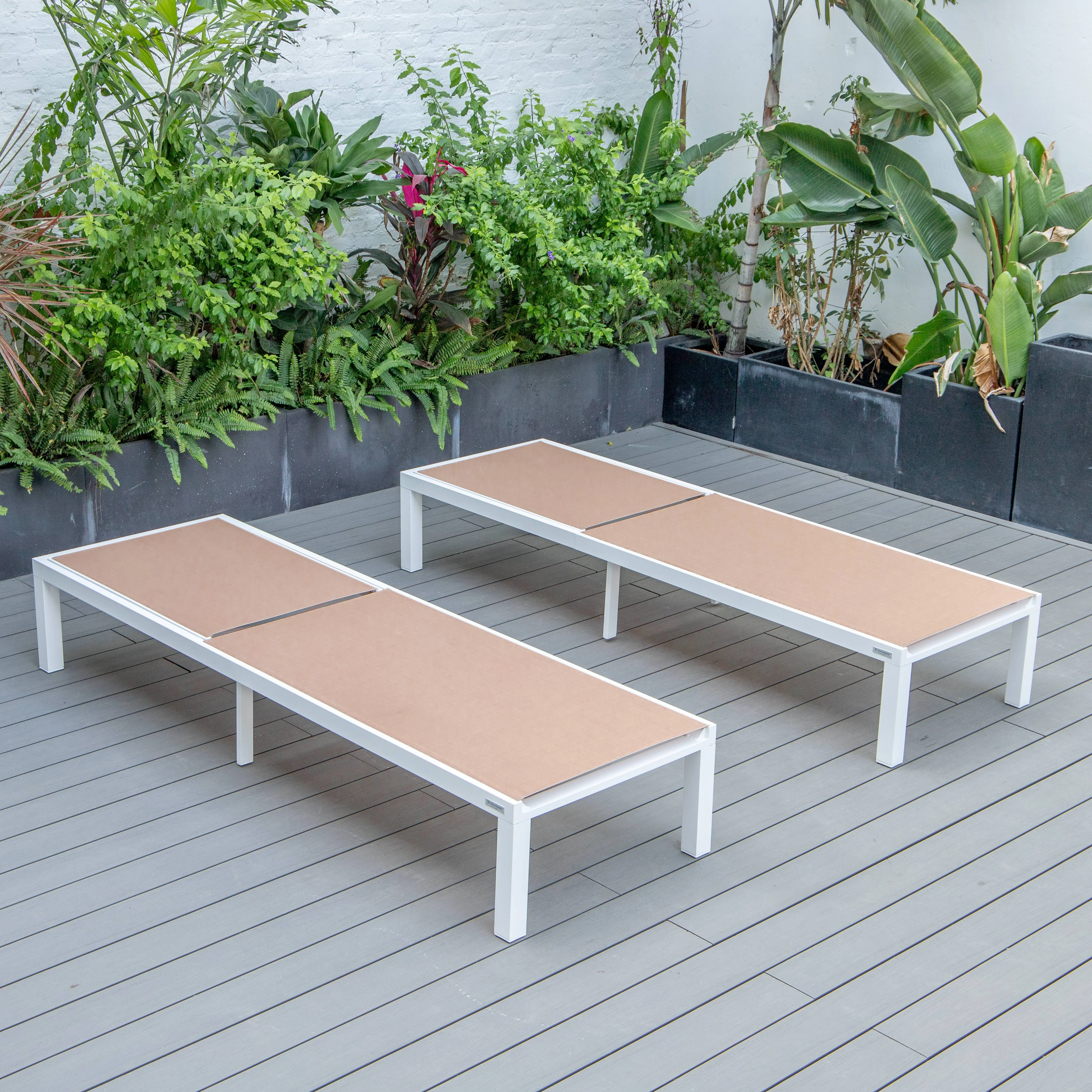 Marlin Patio Chaise Lounge Chair With White Aluminum Frame, Set of 2 in Light Brown