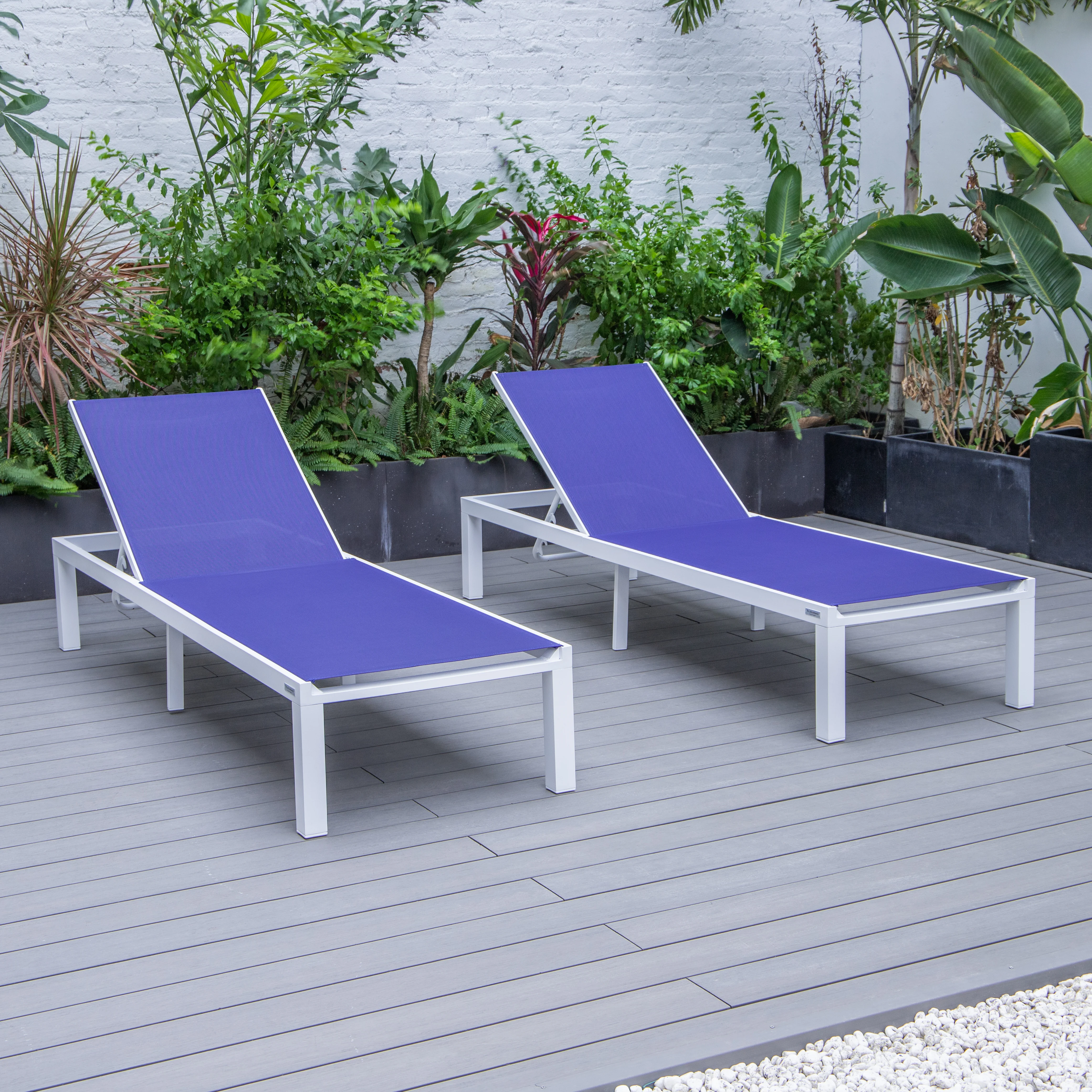 Marlin Patio Chaise Lounge Chair With White Aluminum Frame, Set of 2 in Navy Blue