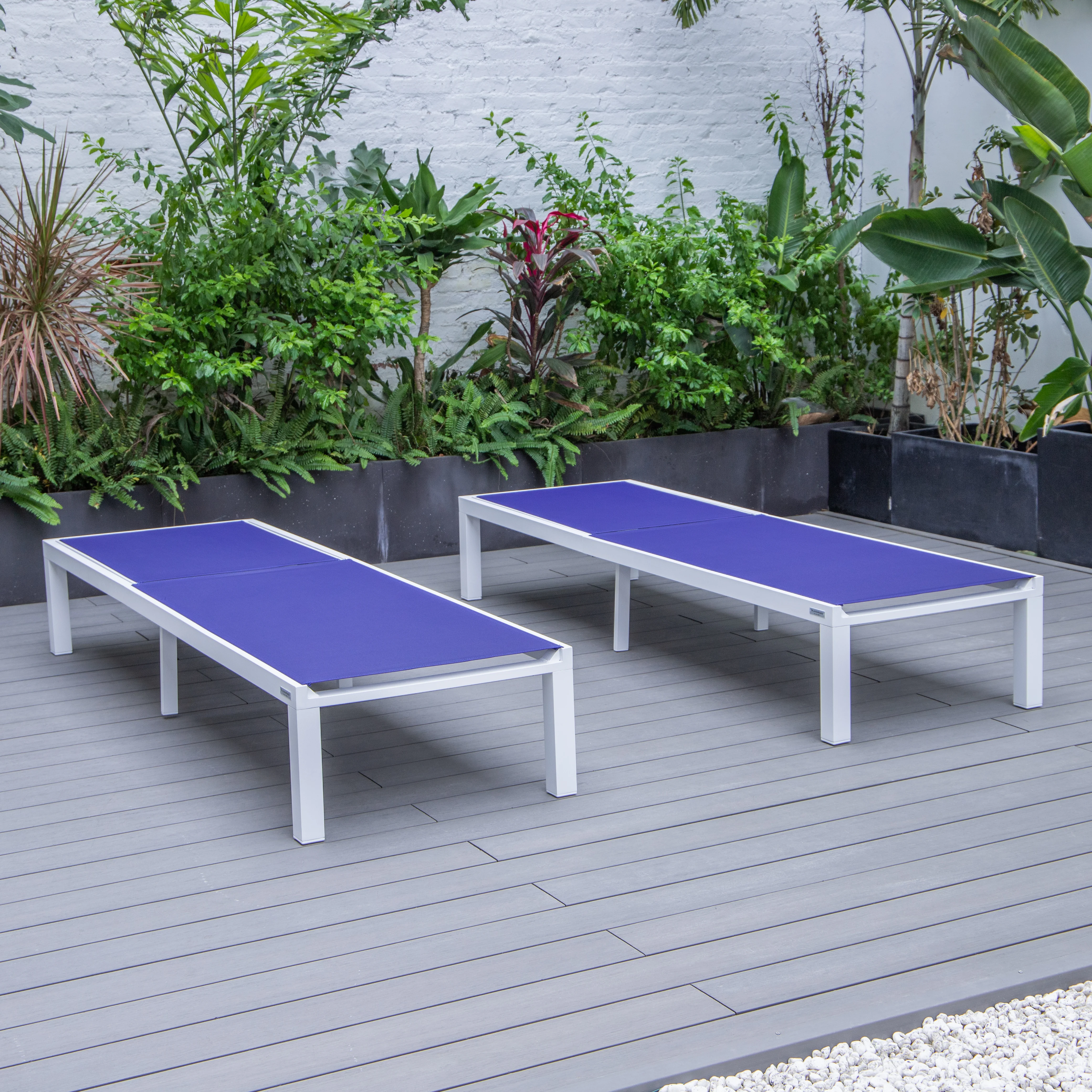 Marlin Patio Chaise Lounge Chair With White Aluminum Frame, Set of 2 in Navy Blue