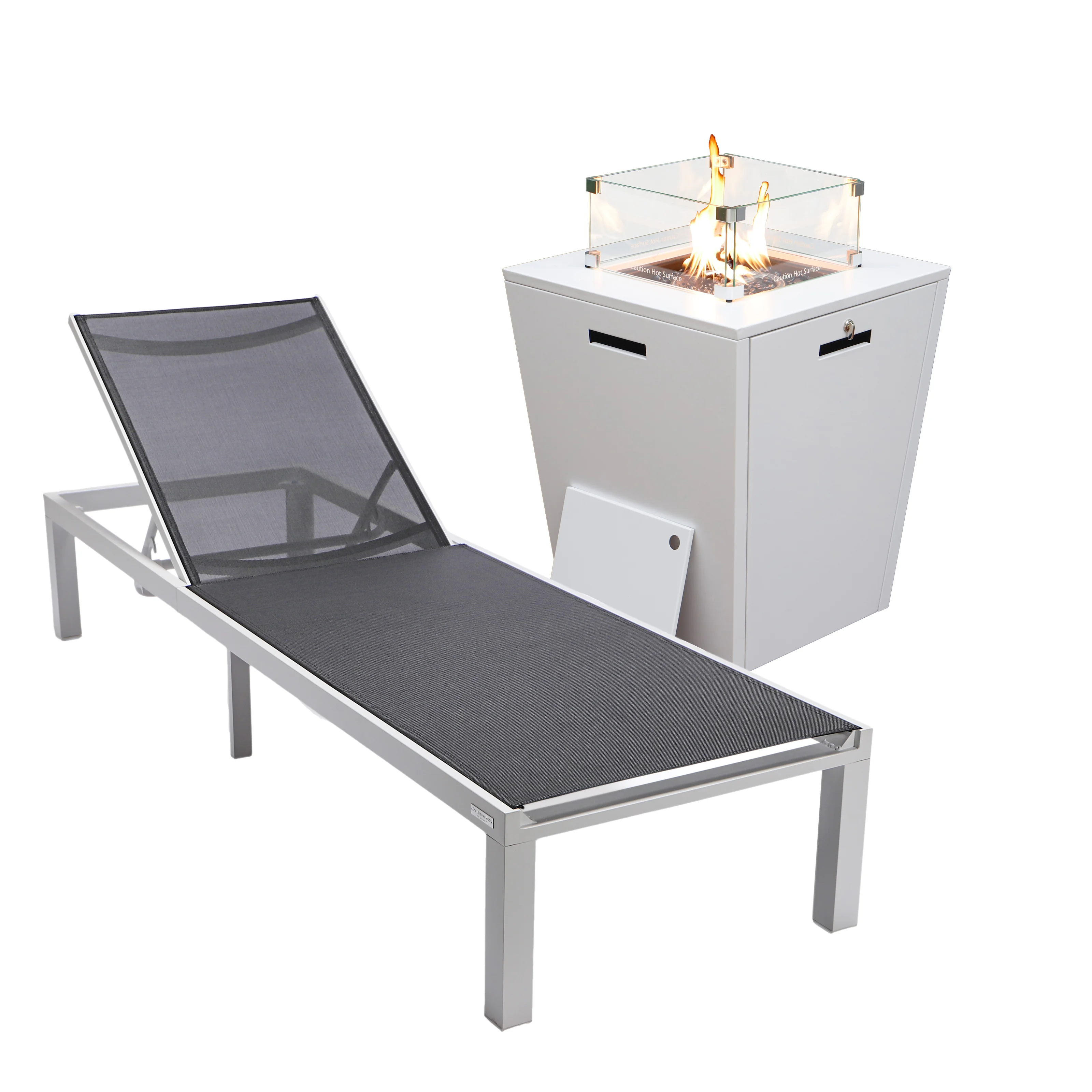 Marlin Modern White Aluminum Outdoor Patio Chaise Lounge Chair with Square Fire Pit Side Table Perfect for Patio, Lawn, and Garden