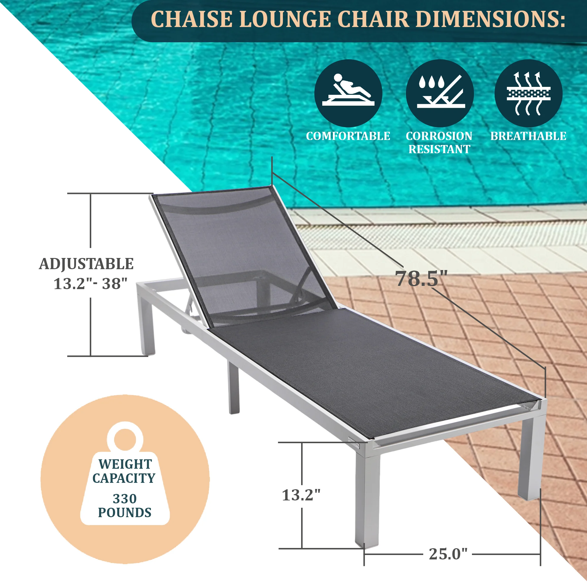 Marlin Modern White Aluminum Outdoor Patio Chaise Lounge Chair with Square Fire Pit Side Table Perfect for Patio, Lawn, and Garden