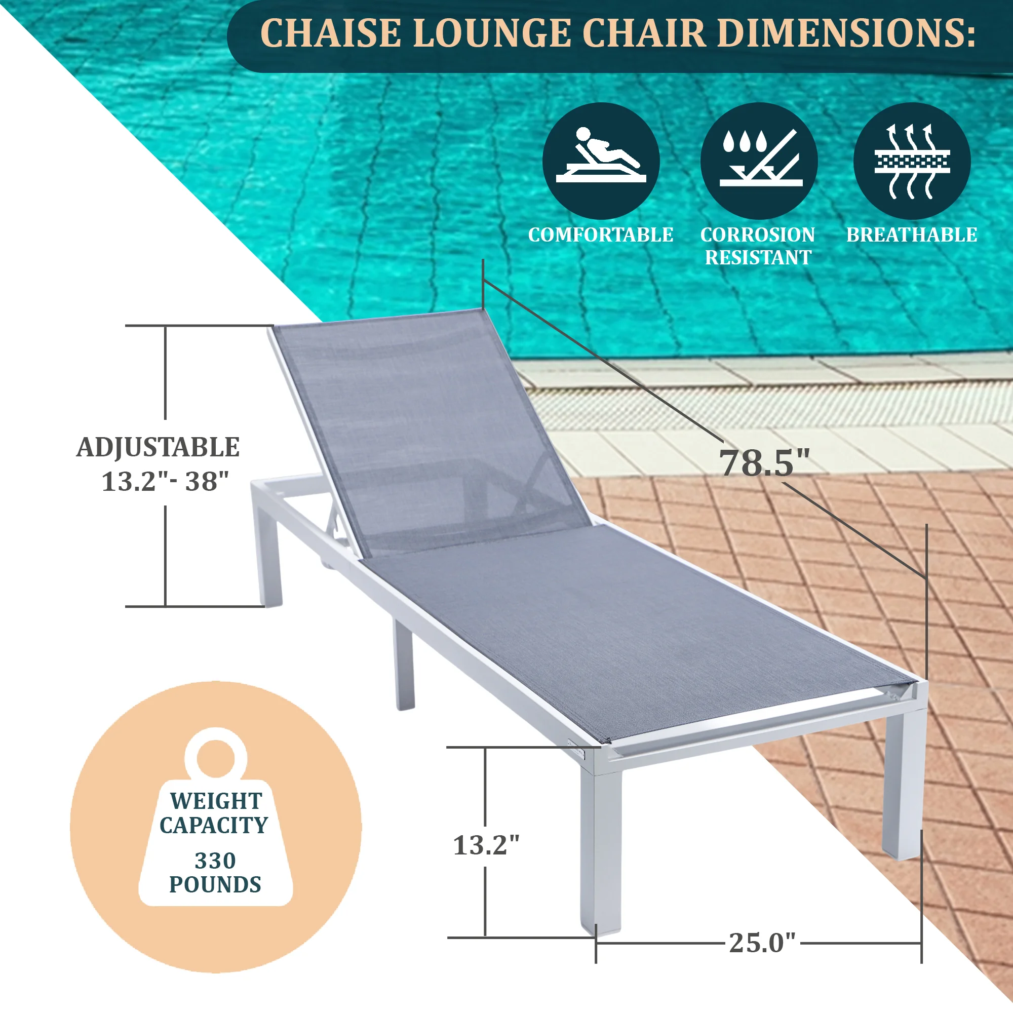Marlin Modern White Aluminum Outdoor Patio Chaise Lounge Chair with Square Fire Pit Side Table Perfect for Patio, Lawn, and Garden
