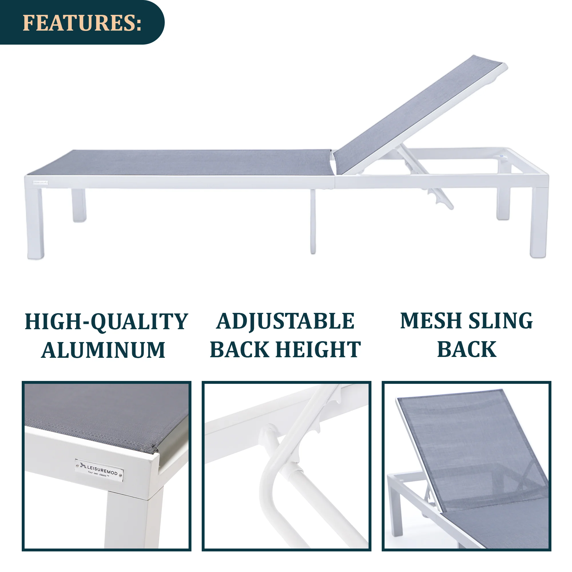 Marlin Modern White Aluminum Outdoor Patio Chaise Lounge Chair with Square Fire Pit Side Table Perfect for Patio, Lawn, and Garden