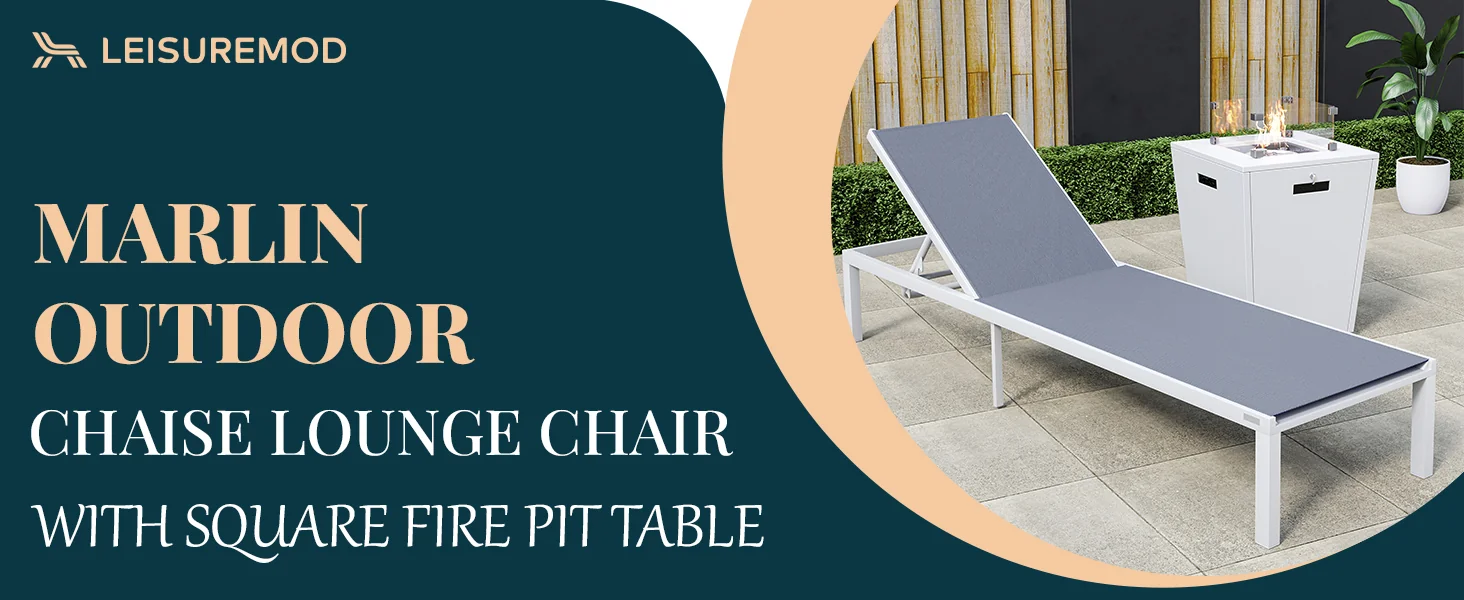 Marlin Modern Aluminum Outdoor Patio Chaise Lounge Chair Set of 2 with Square Fire Pit Side Table Perfect for Patio, Lawn, and Garden