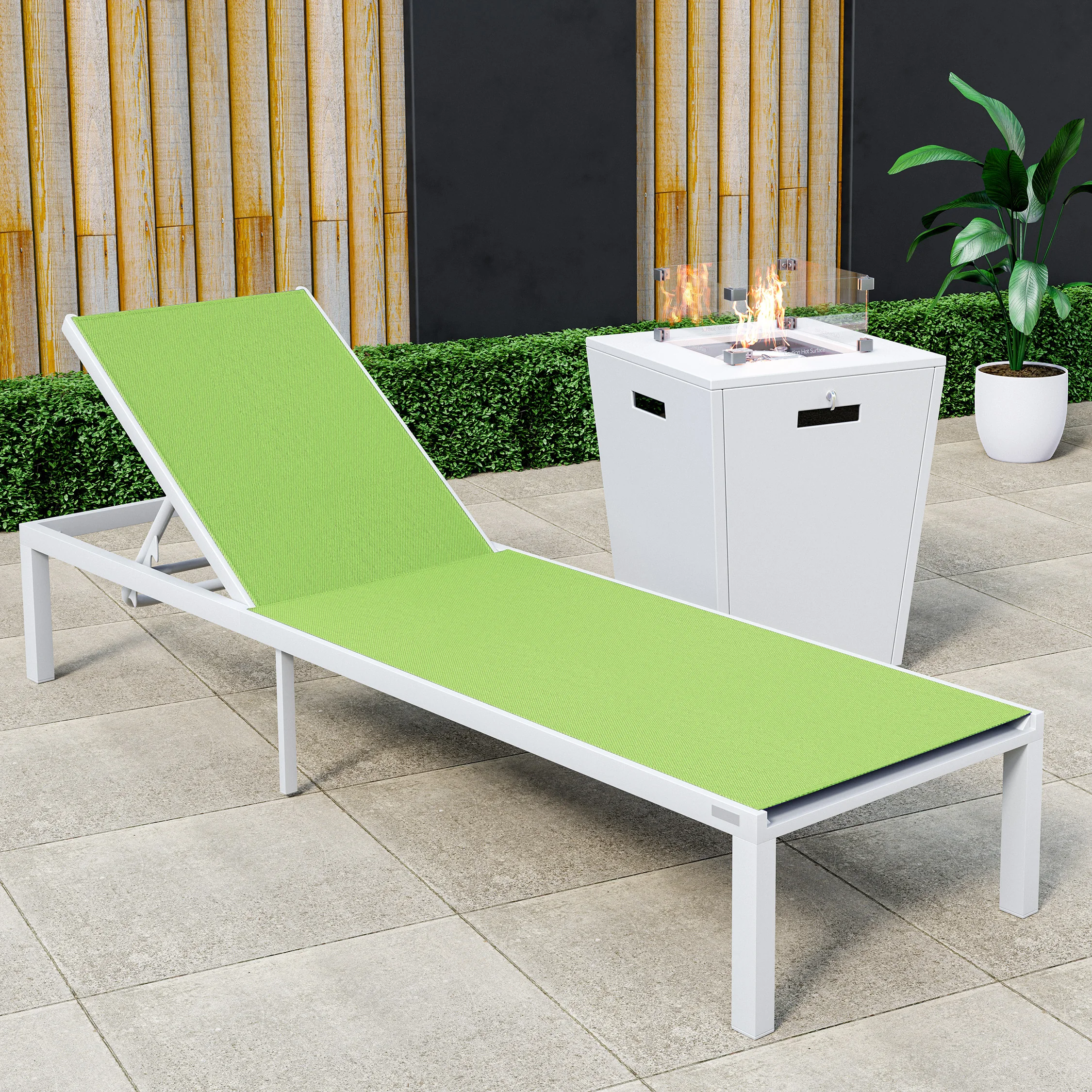 Marlin Modern White Aluminum Outdoor Patio Chaise Lounge Chair with Square Fire Pit Side Table Perfect for Patio, Lawn, and Garden