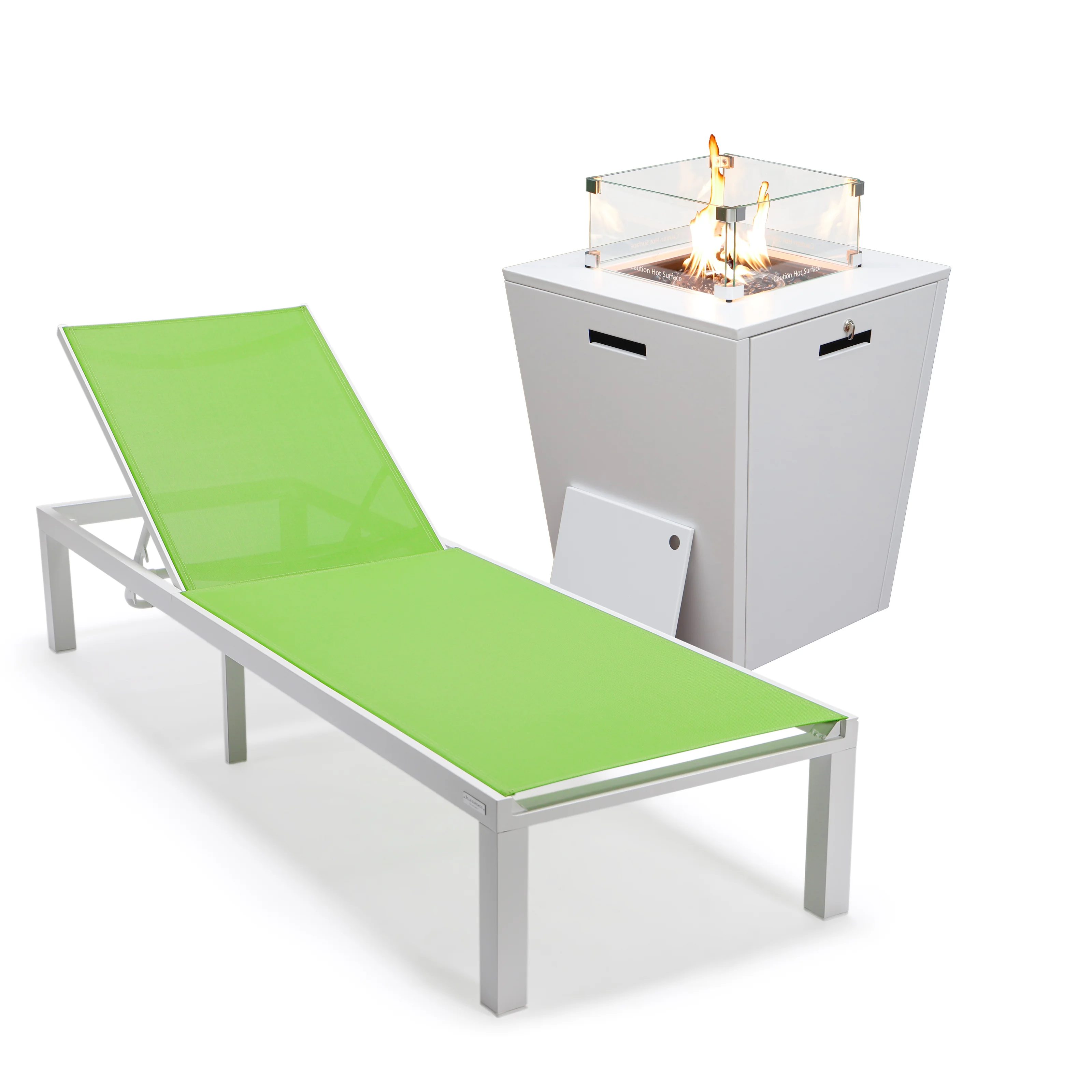 Marlin Modern White Aluminum Outdoor Patio Chaise Lounge Chair with Square Fire Pit Side Table Perfect for Patio, Lawn, and Garden