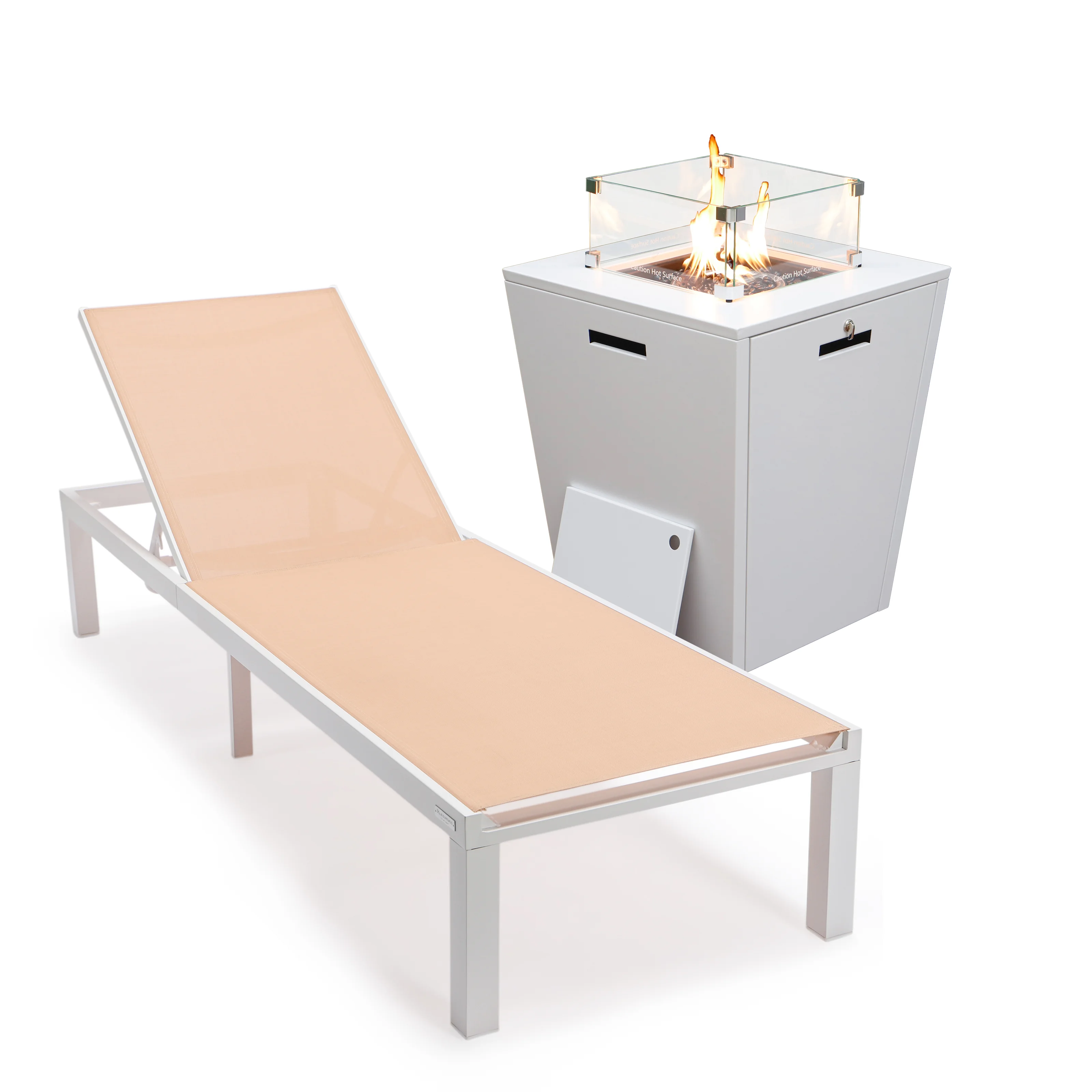 Marlin Modern White Aluminum Outdoor Patio Chaise Lounge Chair with Square Fire Pit Side Table Perfect for Patio, Lawn, and Garden