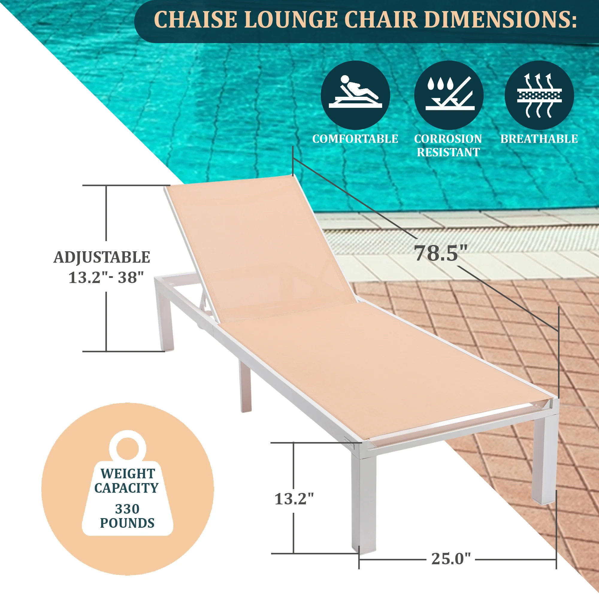 Marlin Modern White Aluminum Outdoor Patio Chaise Lounge Chair with Square Fire Pit Side Table Perfect for Patio, Lawn, and Garden