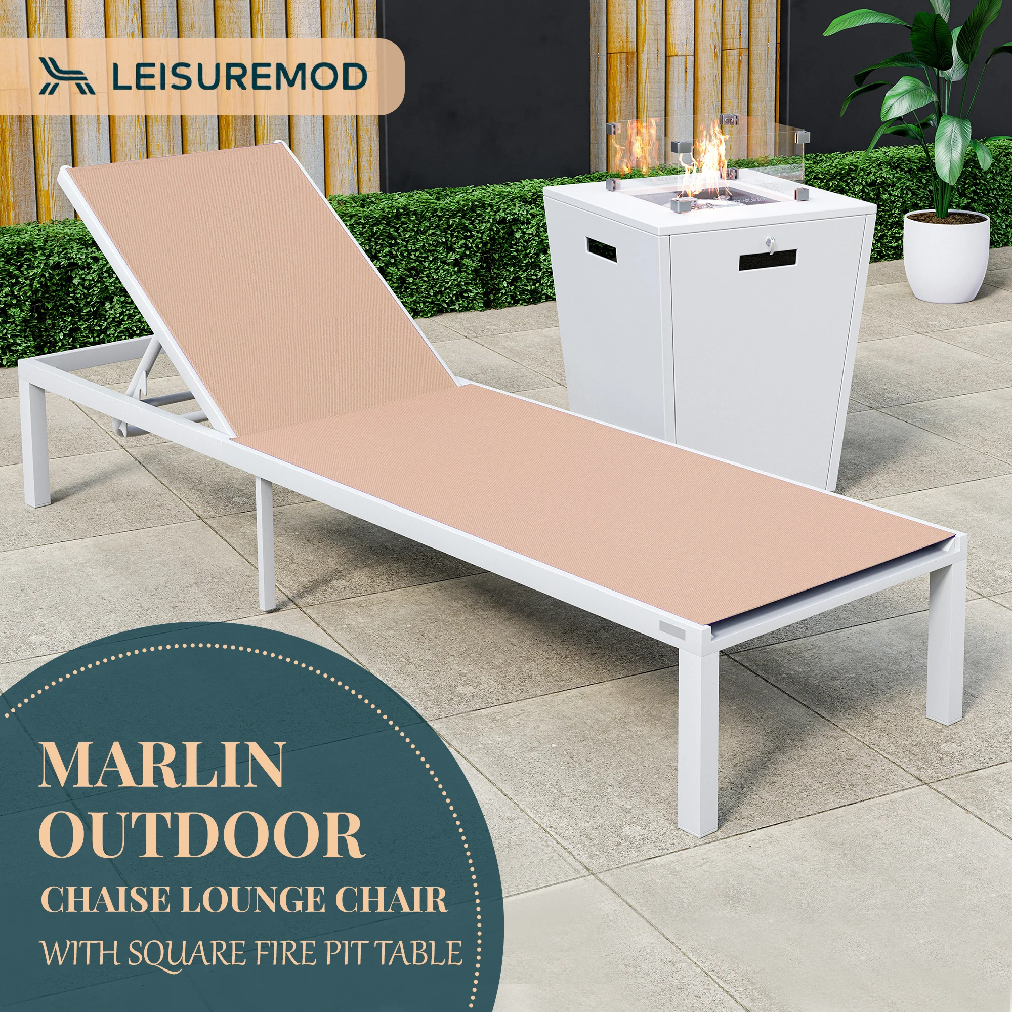Marlin Modern White Aluminum Outdoor Patio Chaise Lounge Chair with Square Fire Pit Side Table Perfect for Patio, Lawn, and Garden