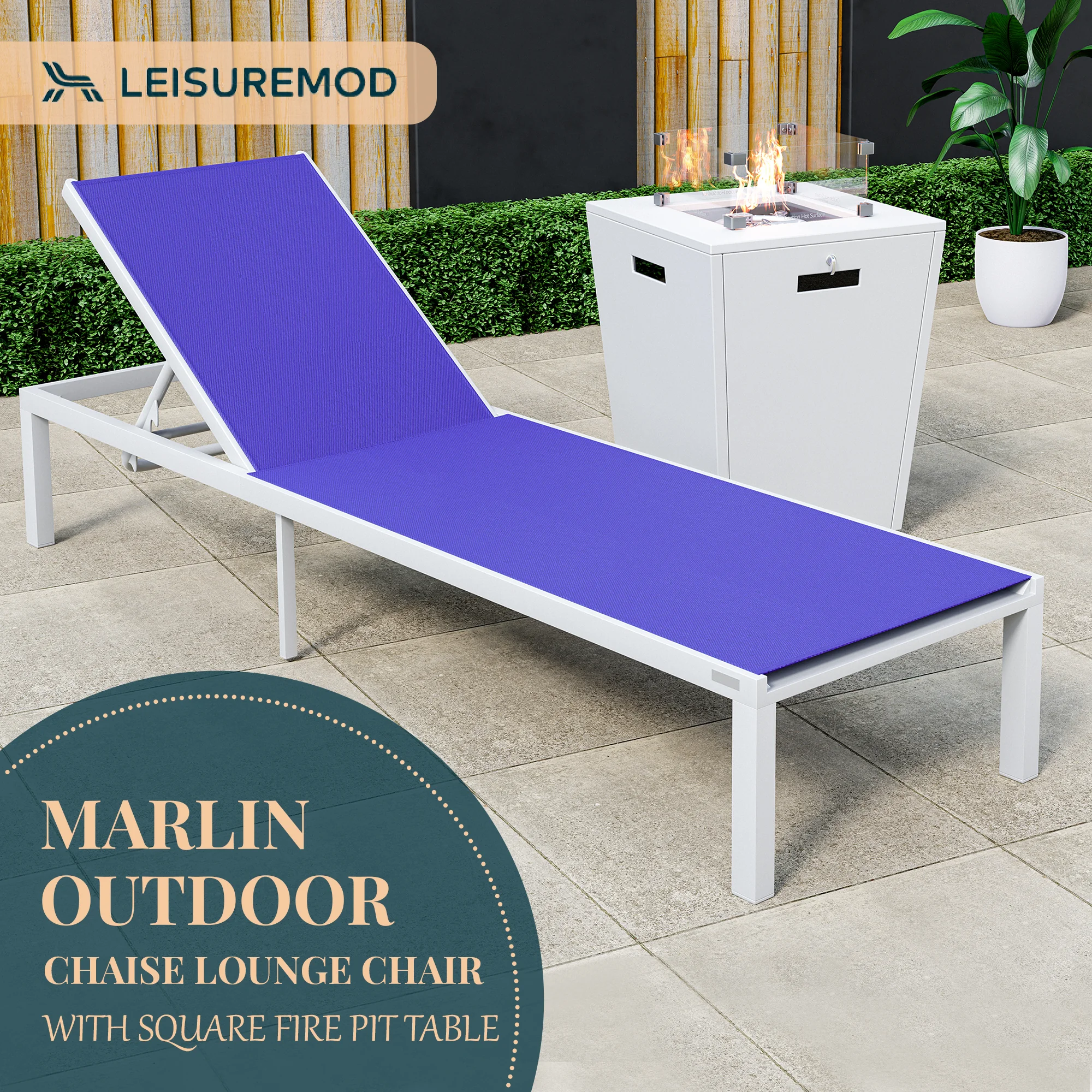 Marlin Modern White Aluminum Outdoor Patio Chaise Lounge Chair with Square Fire Pit Side Table Perfect for Patio, Lawn, and Garden