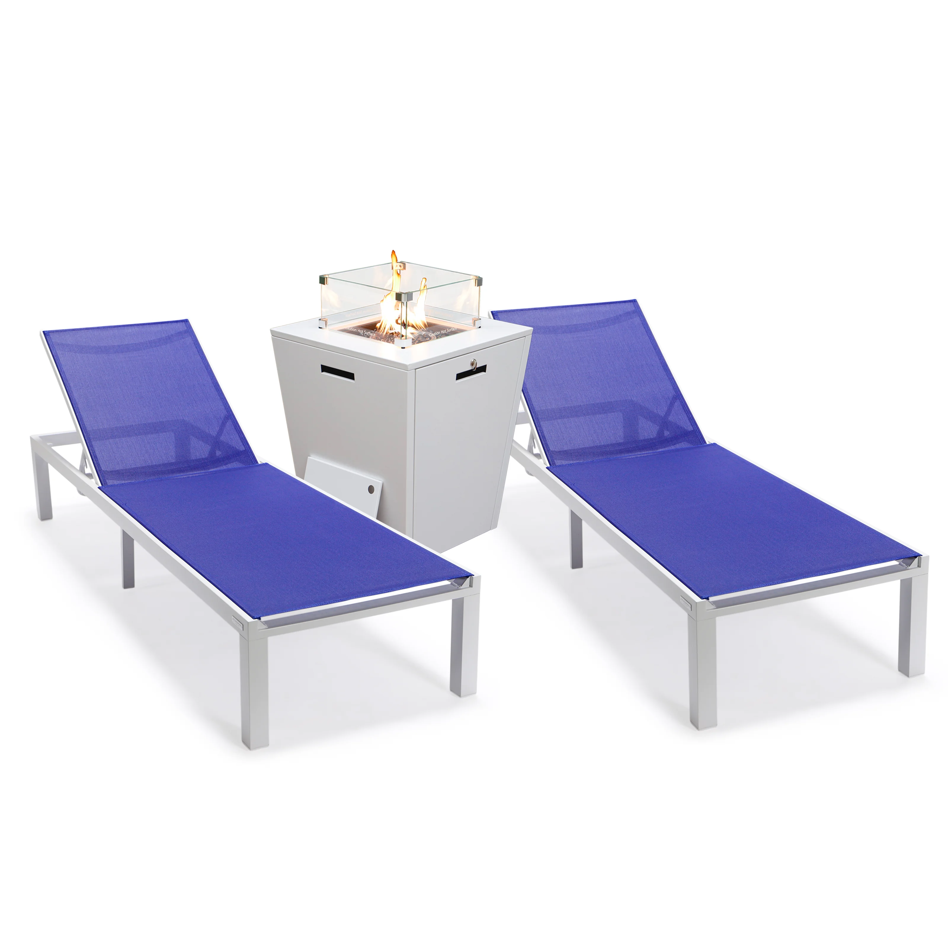 Marlin Modern Aluminum Outdoor Patio Chaise Lounge Chair Set of 2 with Square Fire Pit Side Table Perfect for Patio, Lawn, and Garden
