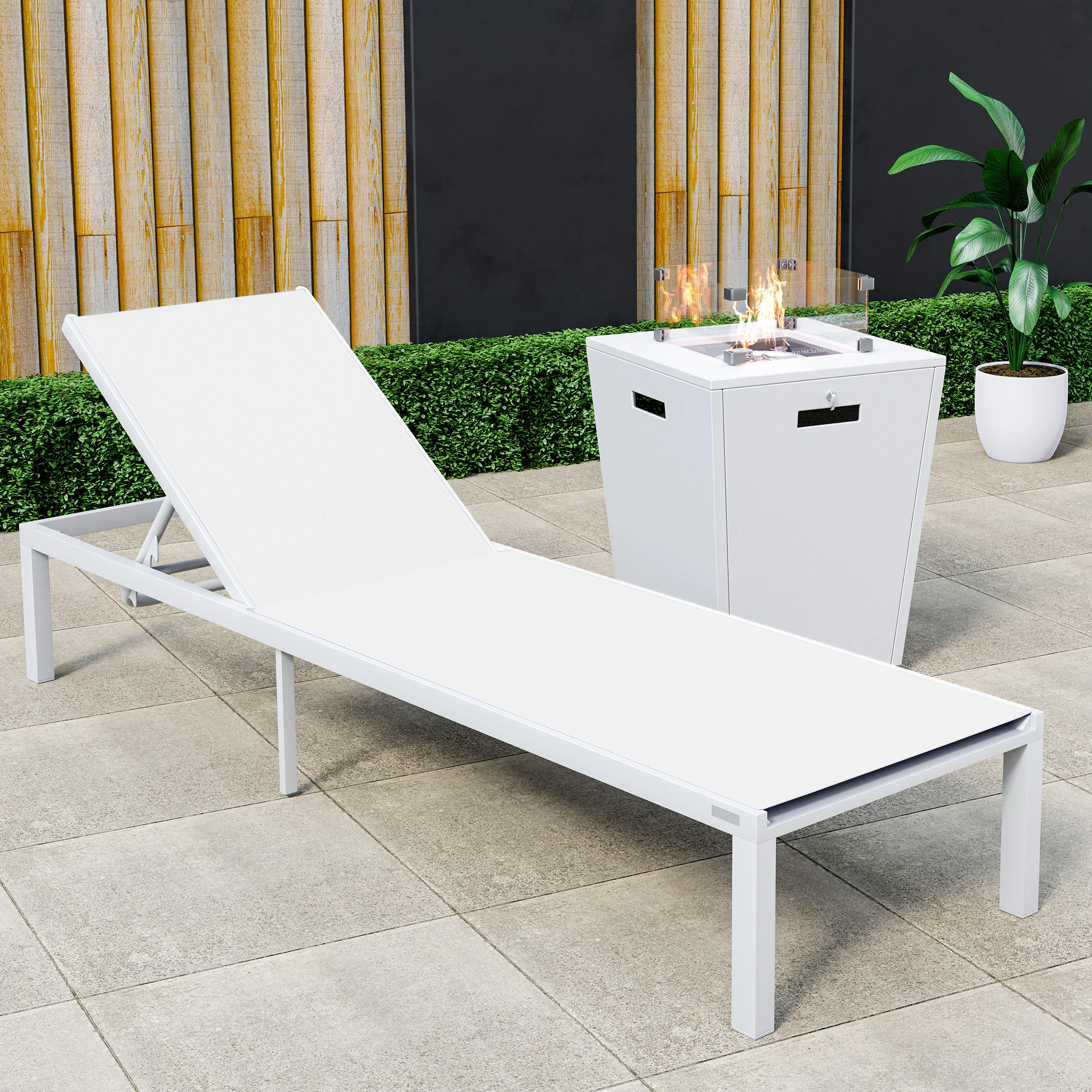 Marlin Modern White Aluminum Outdoor Patio Chaise Lounge Chair with Square Fire Pit Side Table Perfect for Patio, Lawn, and Garden
