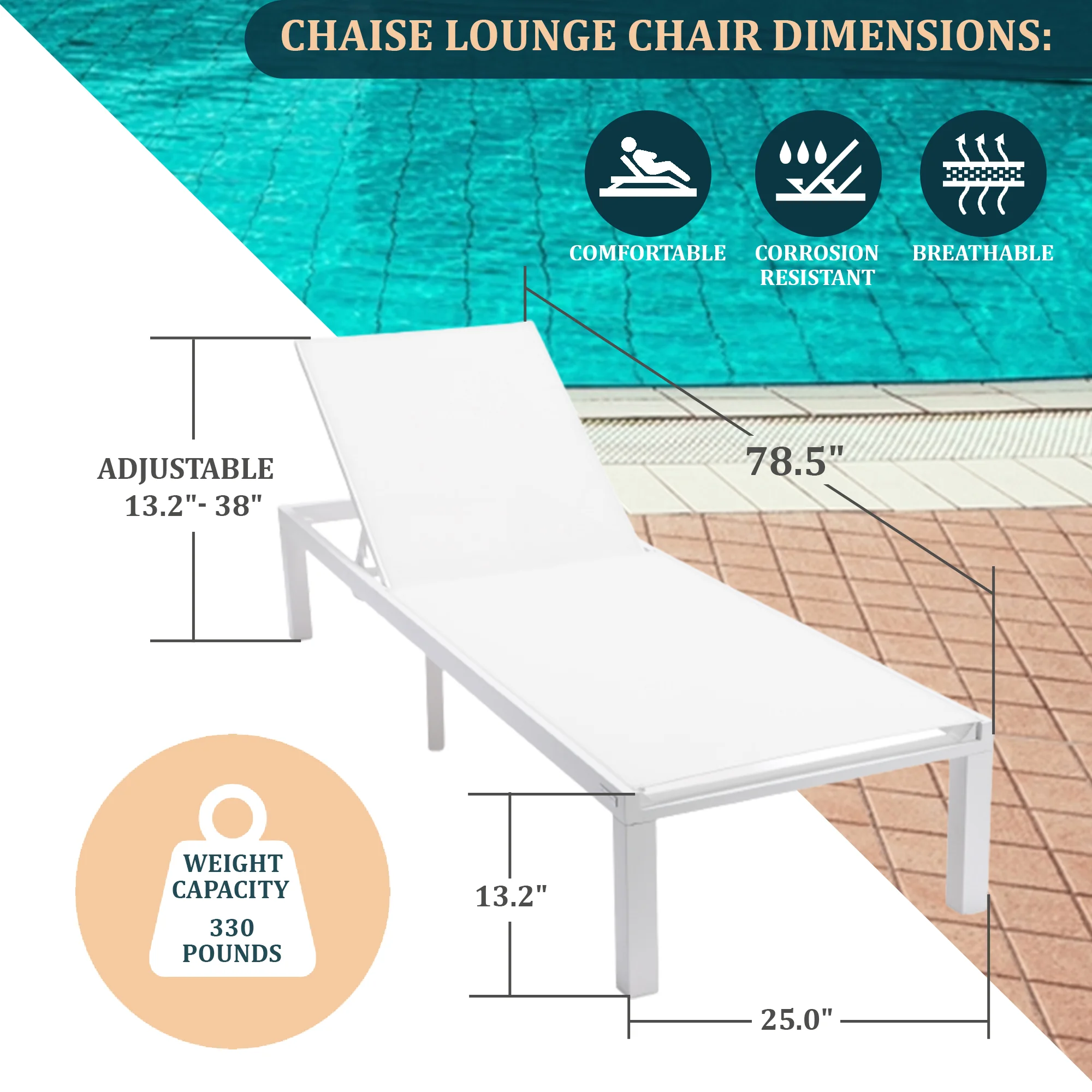 Marlin Modern White Aluminum Outdoor Patio Chaise Lounge Chair with Square Fire Pit Side Table Perfect for Patio, Lawn, and Garden