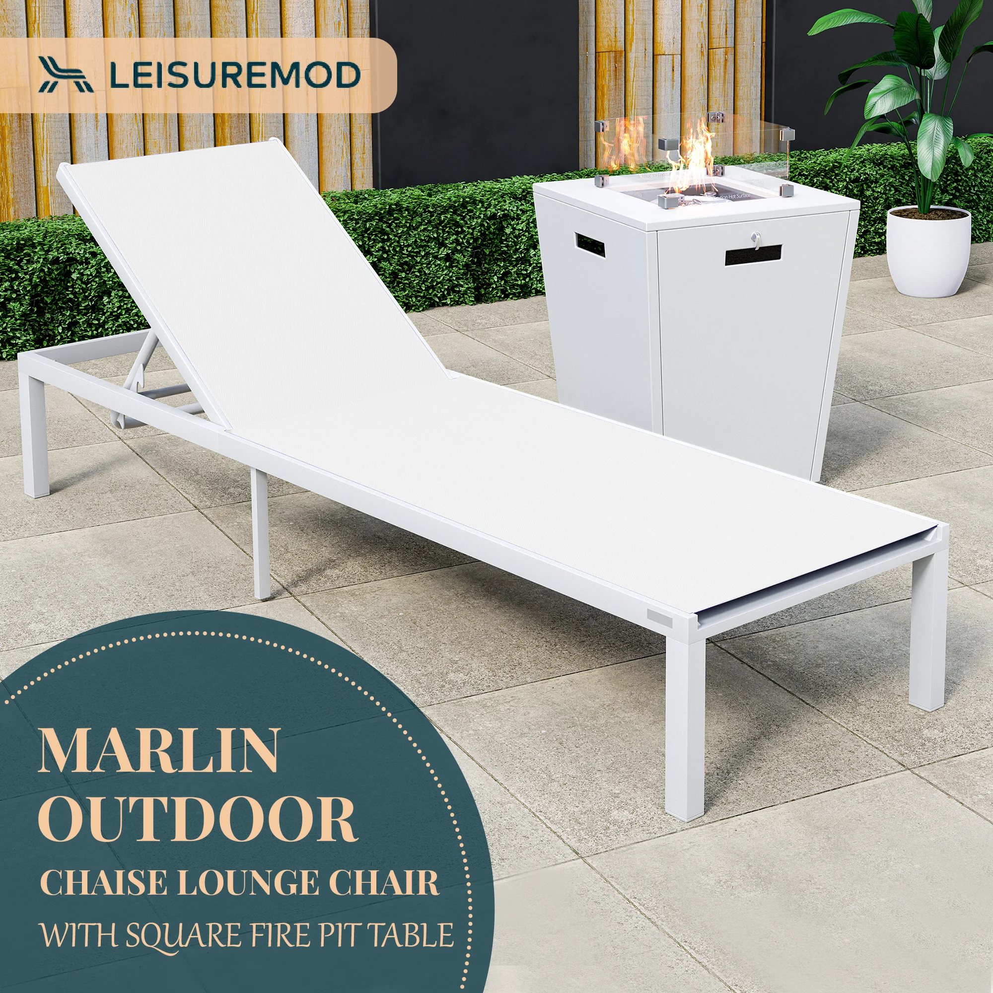 Marlin Modern White Aluminum Outdoor Patio Chaise Lounge Chair with Square Fire Pit Side Table Perfect for Patio, Lawn, and Garden