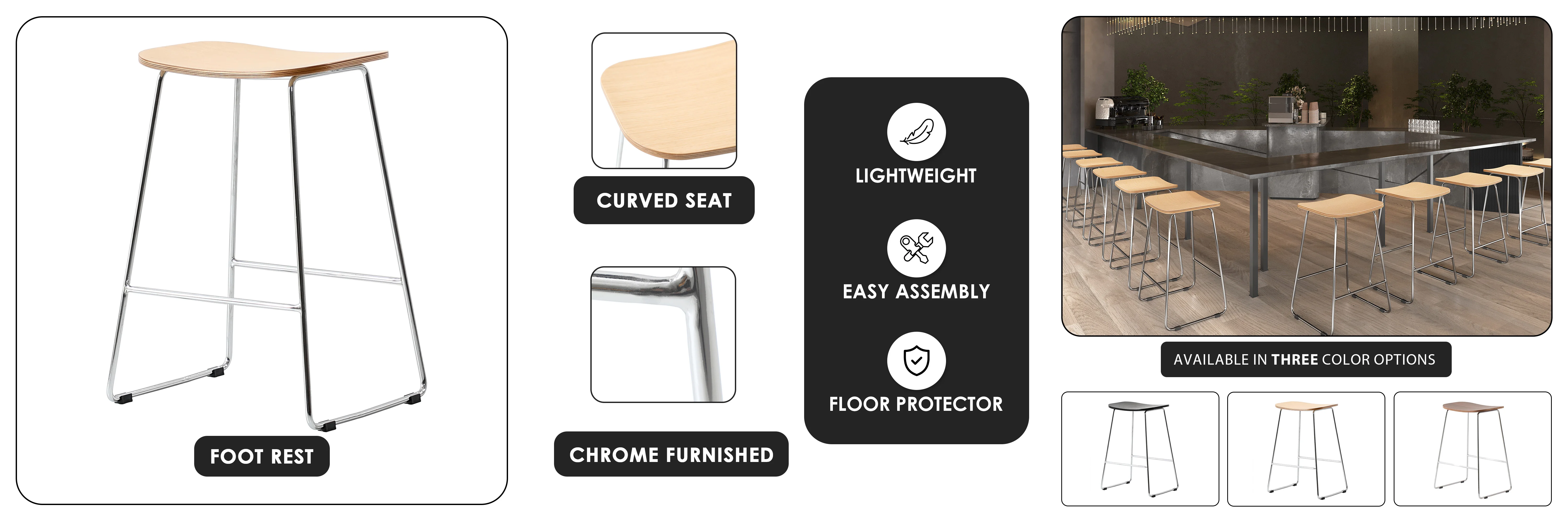 Melrose Modern Wood Counter Stool With Chrome Frame