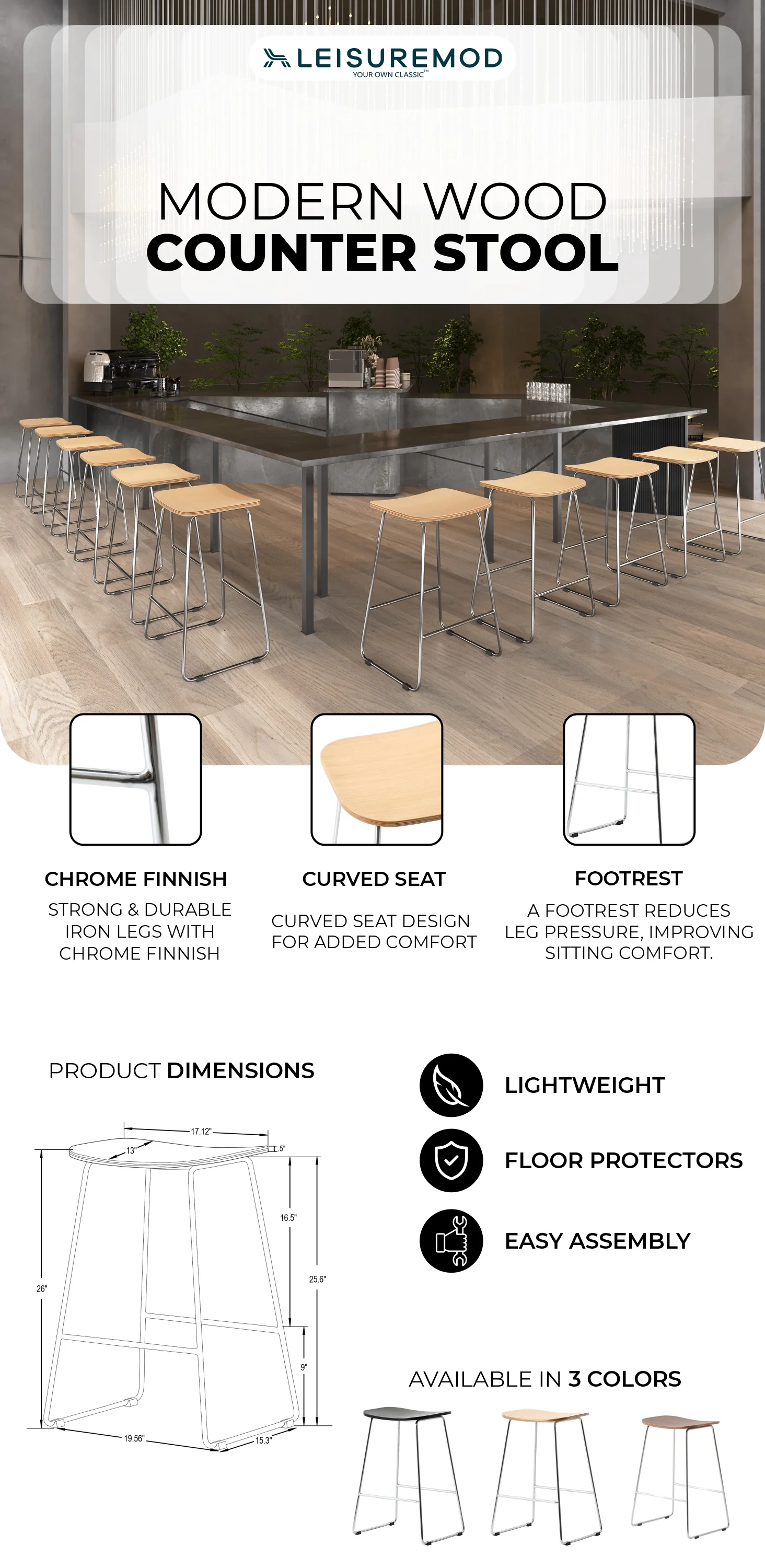 Melrose Modern Wood Counter Stool With Chrome Frame