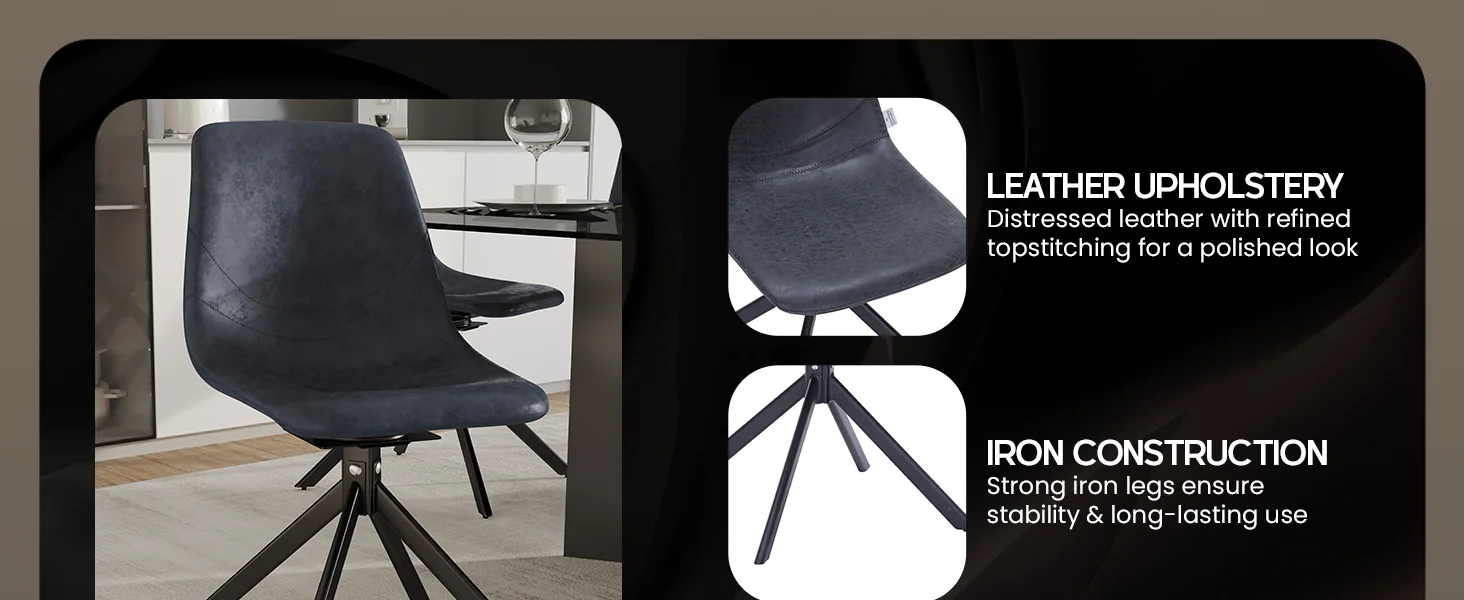 Markley Modern Leather Swival Dining Chair With Metal Legs in Black