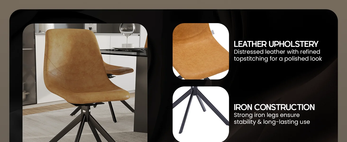 Markley Modern Leather Swival Dining Chair With Metal Legs in Brown