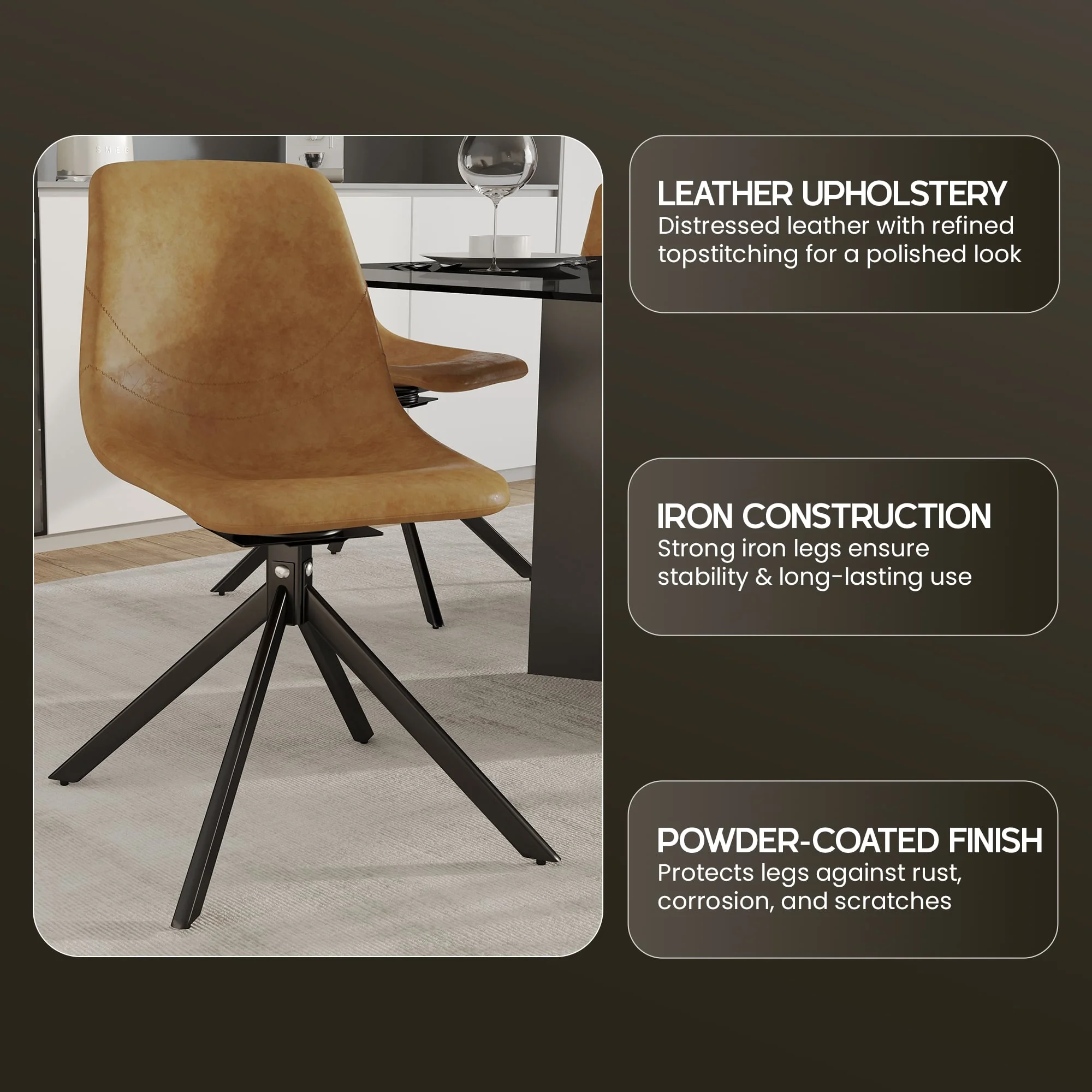 Markley Modern Leather Swival Dining Chair With Metal Legs in Brown