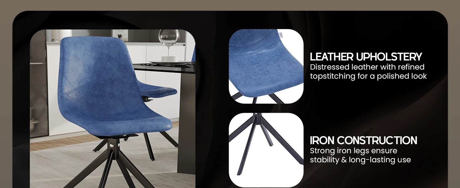 Markley Modern Leather Swival Dining Chair With Metal Legs in Blue