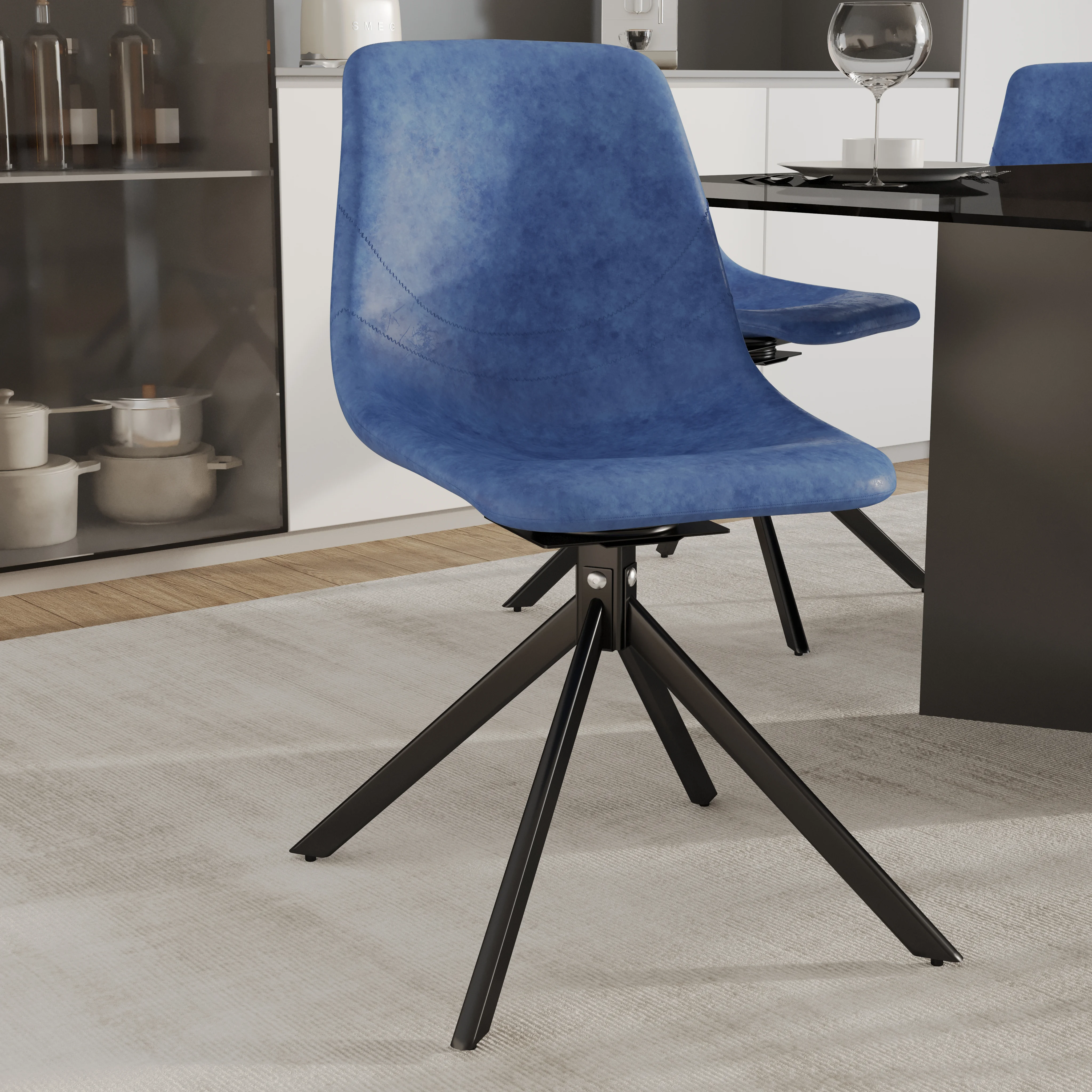 Markley Modern Leather Swival Dining Chair With Metal Legs in Blue