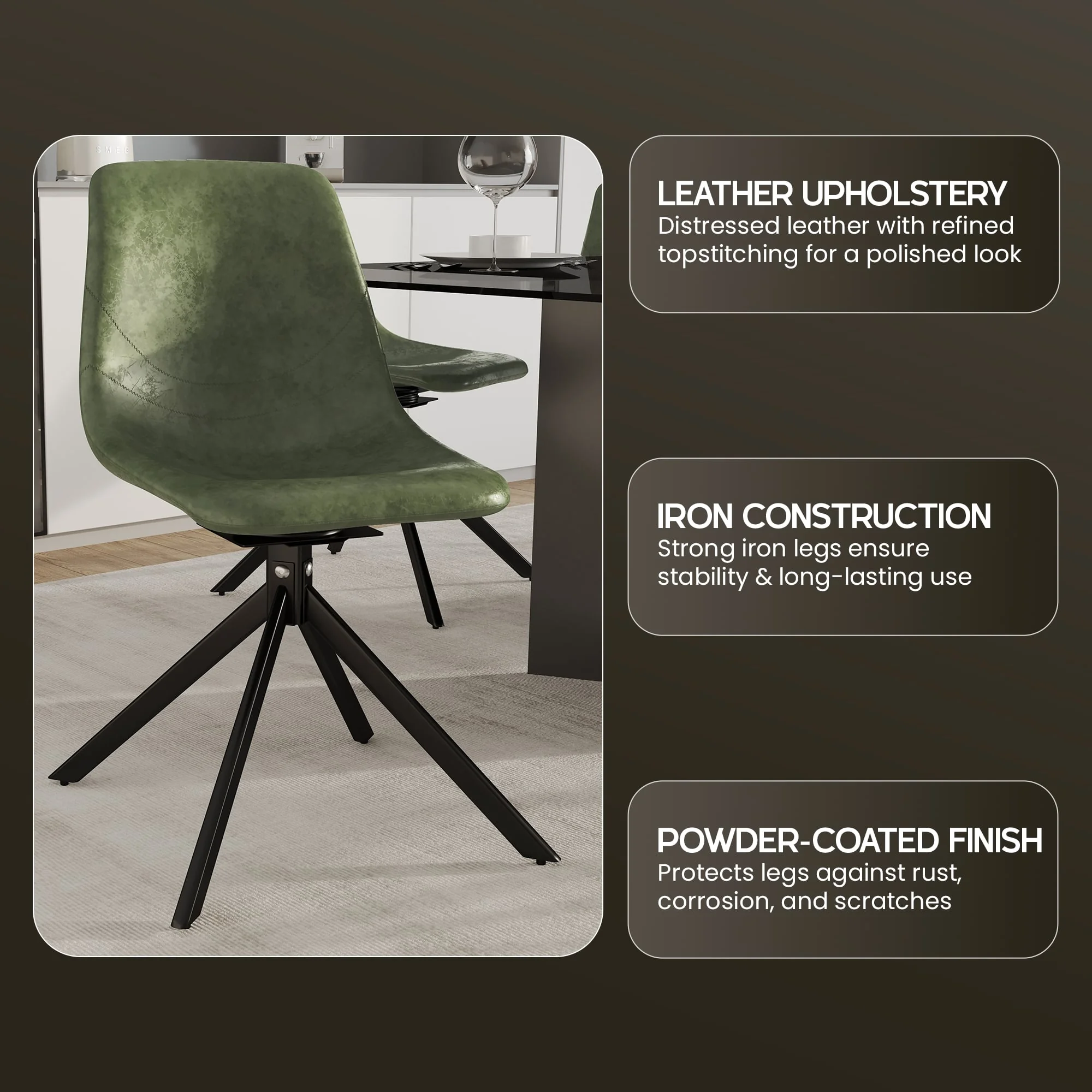 Markley Modern Leather Swival Dining Chair With Metal Legs in Green