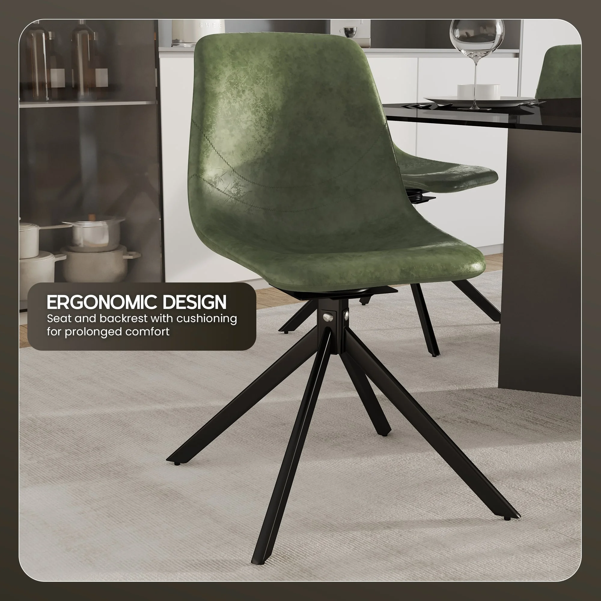 Markley Modern Leather Swival Dining Chair With Metal Legs in Green