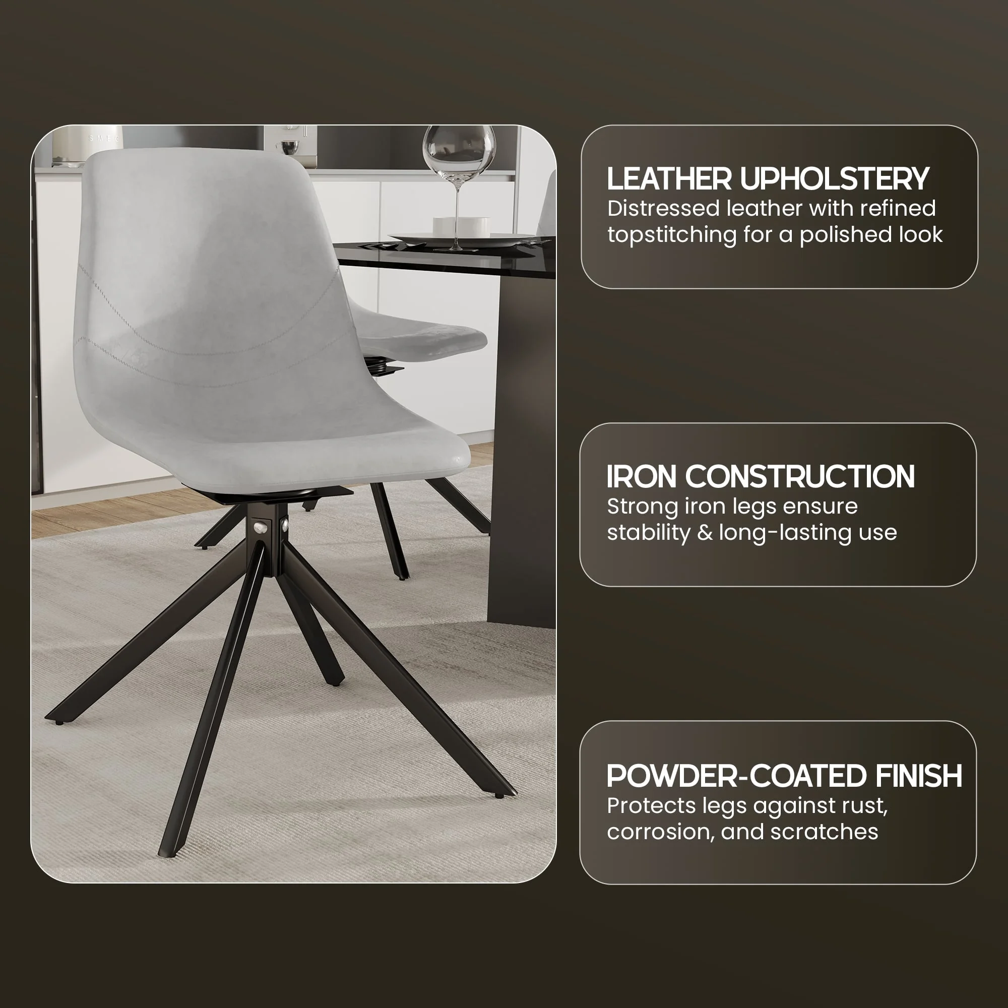 Markley Modern Leather Swival Dining Chair With Metal Legs in Light Grey