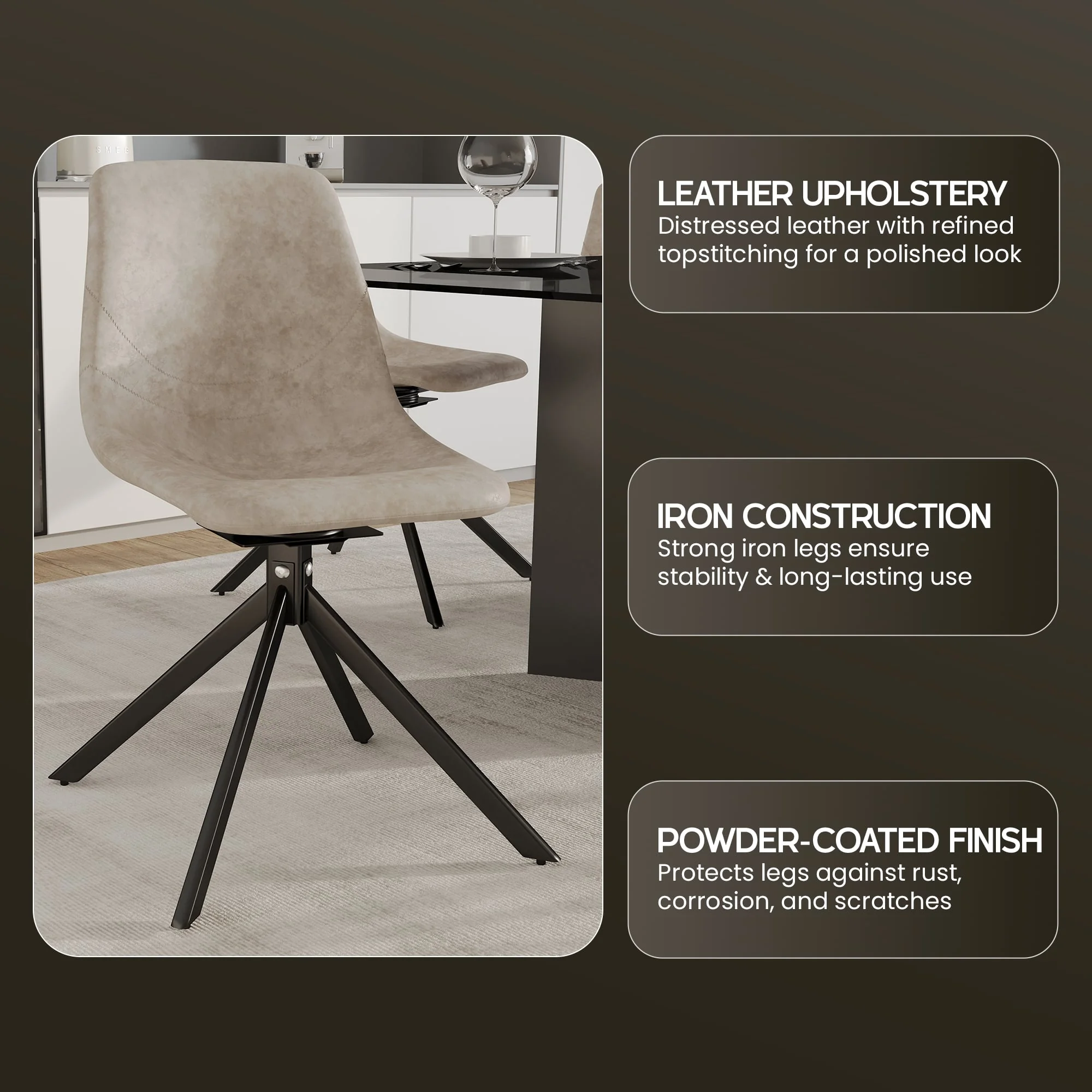 Markley Modern Leather Swival Dining Chair With Metal Legs in Taupe