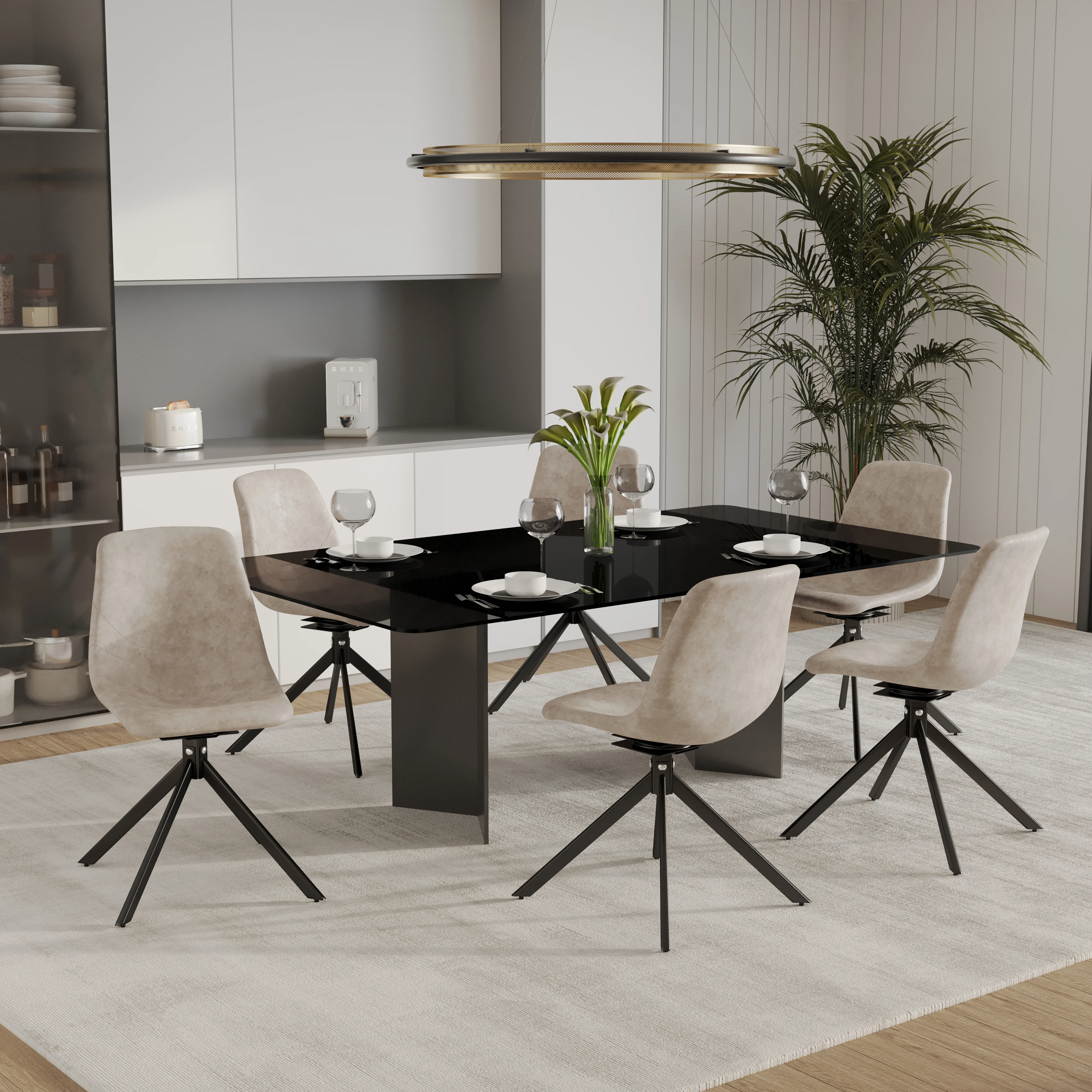 Markley Modern Leather Swival Dining Chair With Metal Legs in Taupe