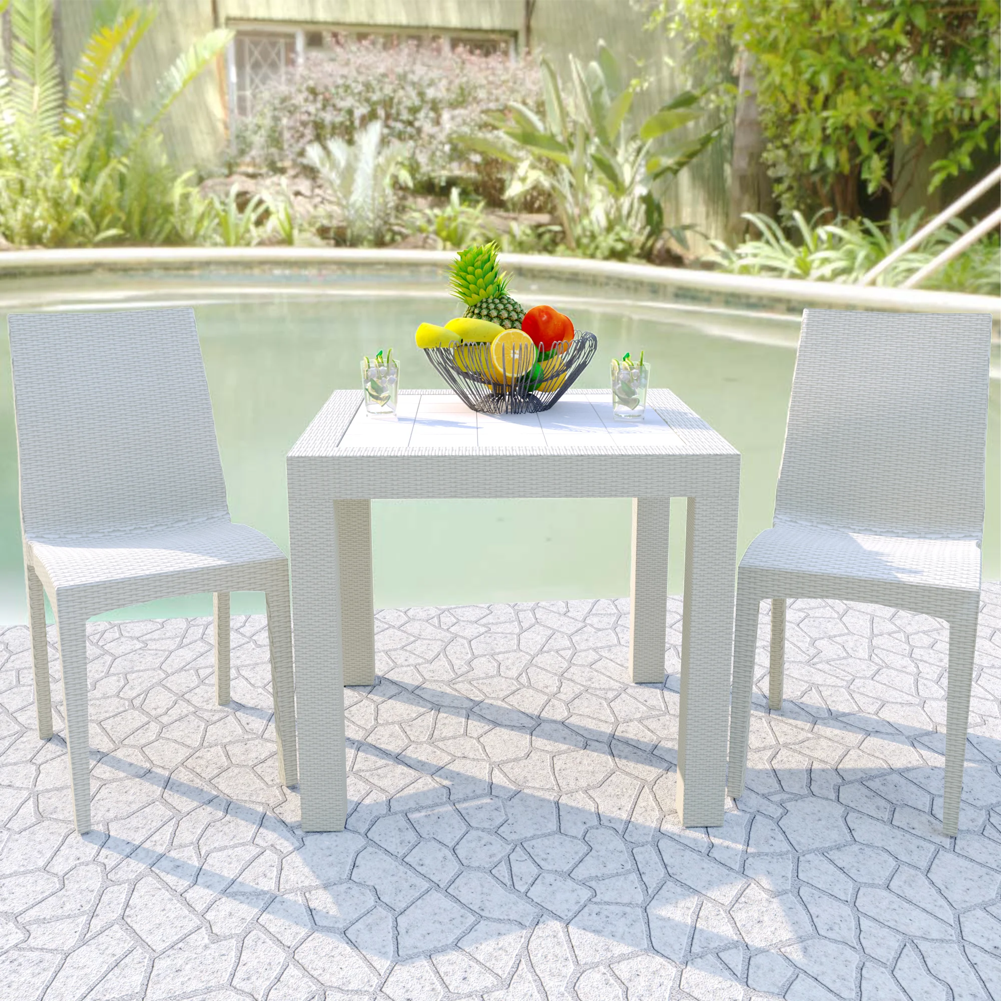 Mace 3-Piece Outdoor Dining Set with Plastic Square Table and 2 Stackable Chairs with Weave Design