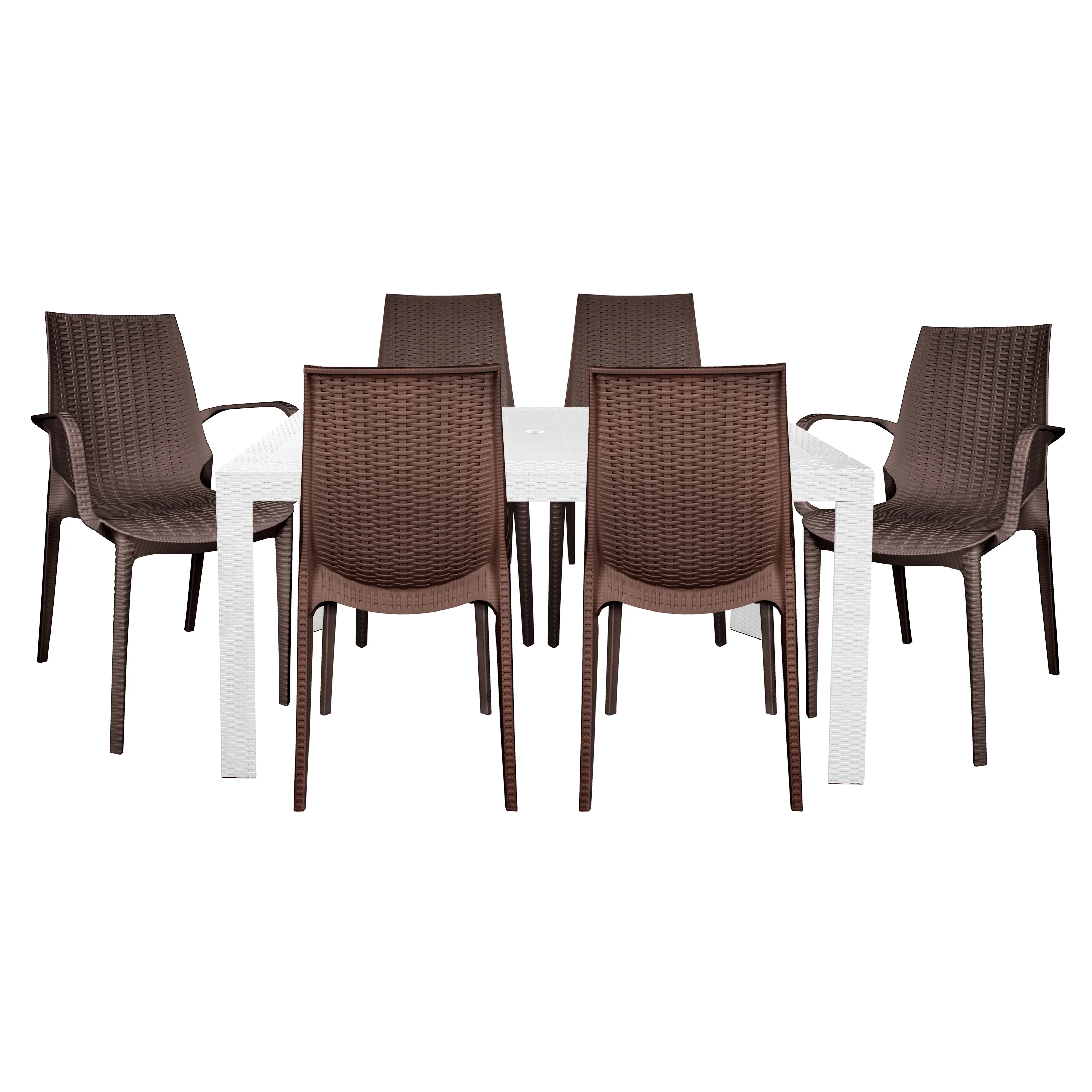 Kent Mid-Century 7-Piece Rectangular Outdoor Dining Set with 4 Side Chairs and 2 Armchairs