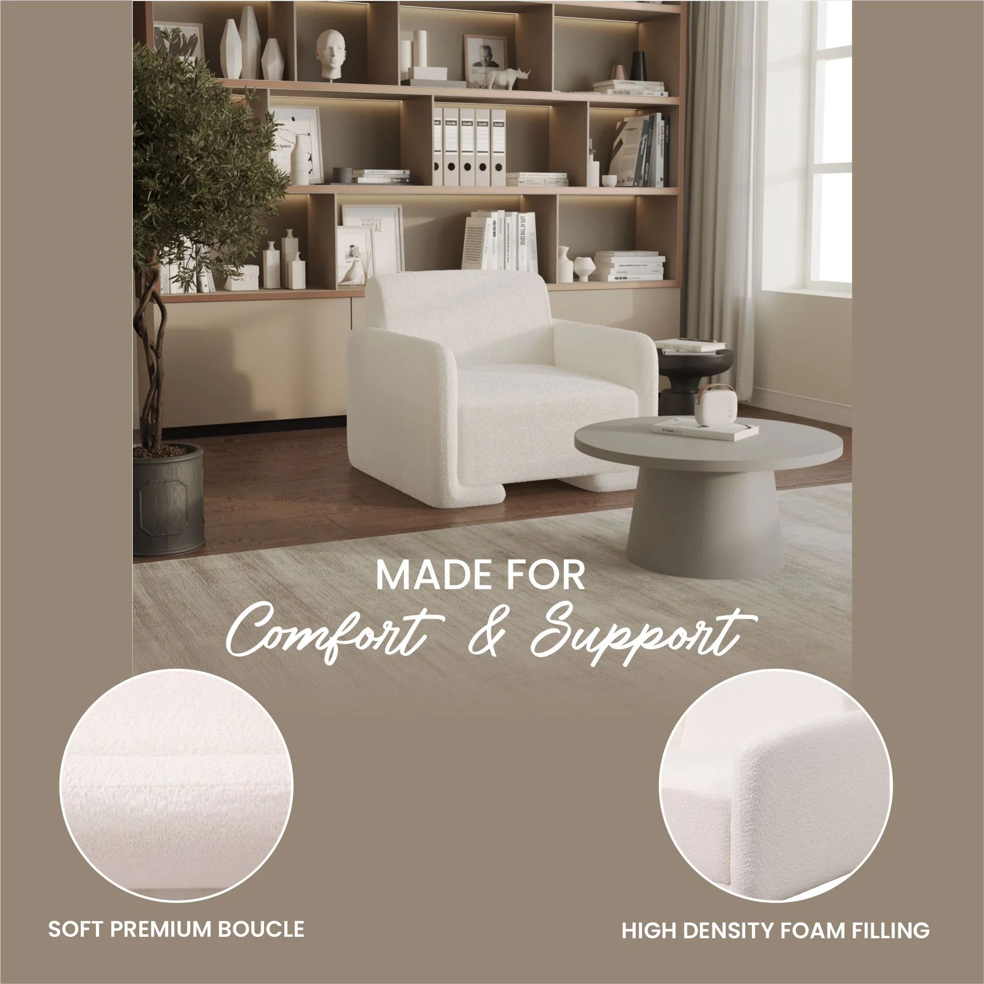 Nyta Collection Modern Accent Chair in White Boucle