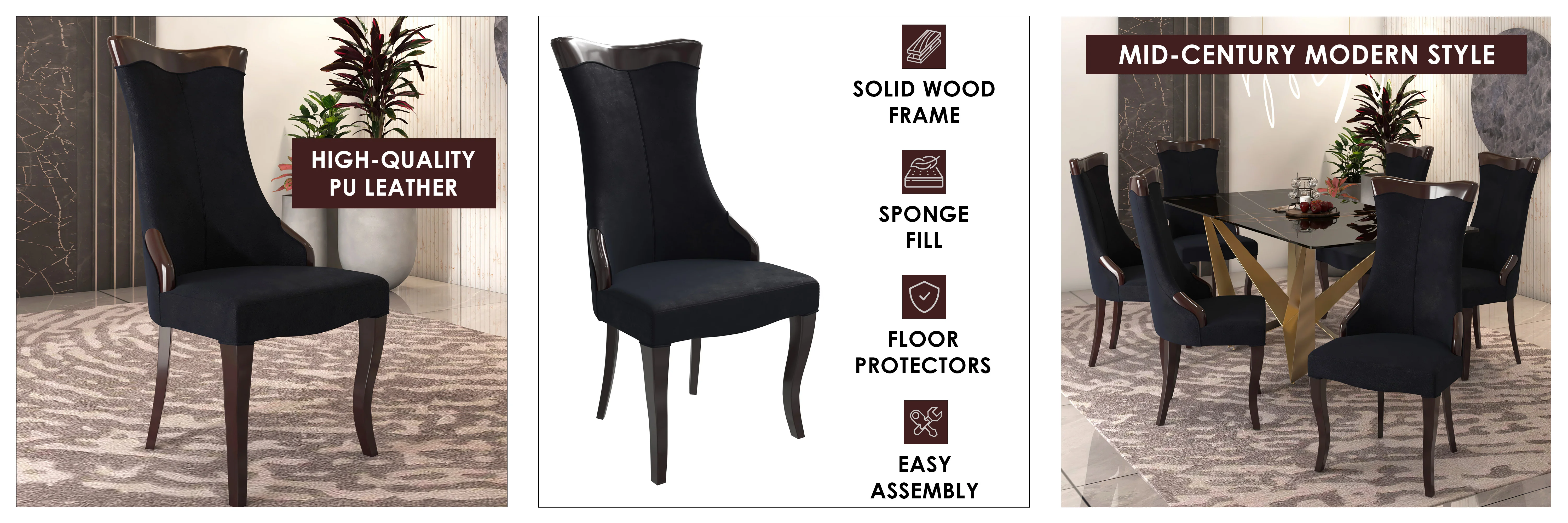 Novara Collection Modern Wooden Dining Chair in Black Velvet