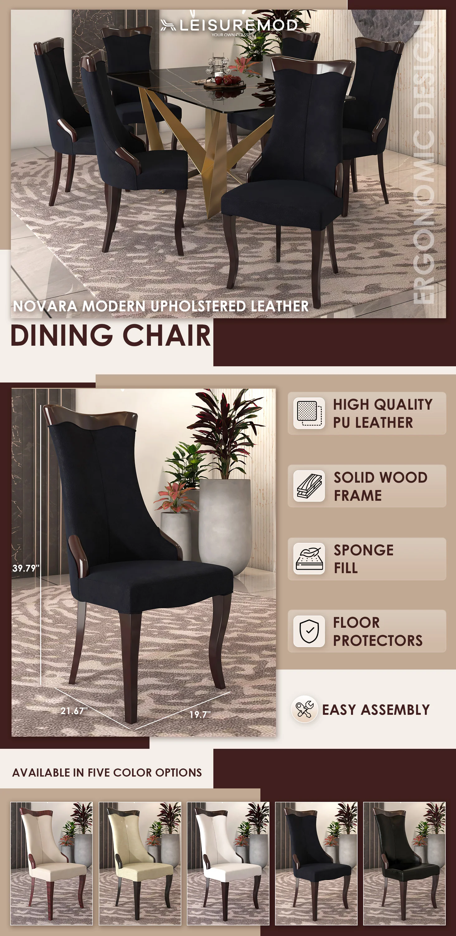 Novara Collection Modern Wooden Dining Chair in Black Velvet