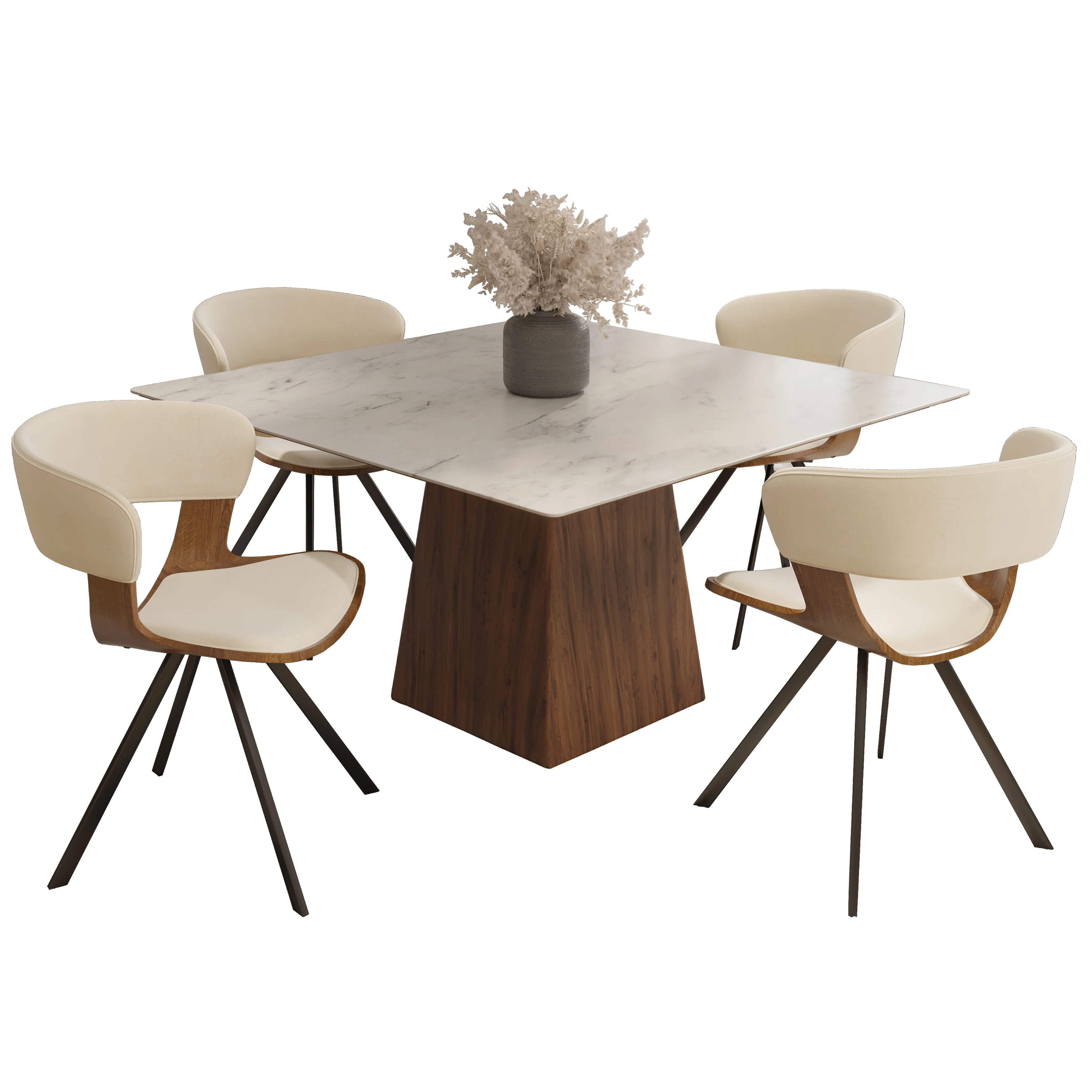 5-Piece Dining Set with Square Dining Table White Sintered Stone Top and 4 Leather Dining Chairs in Walnut/Beige