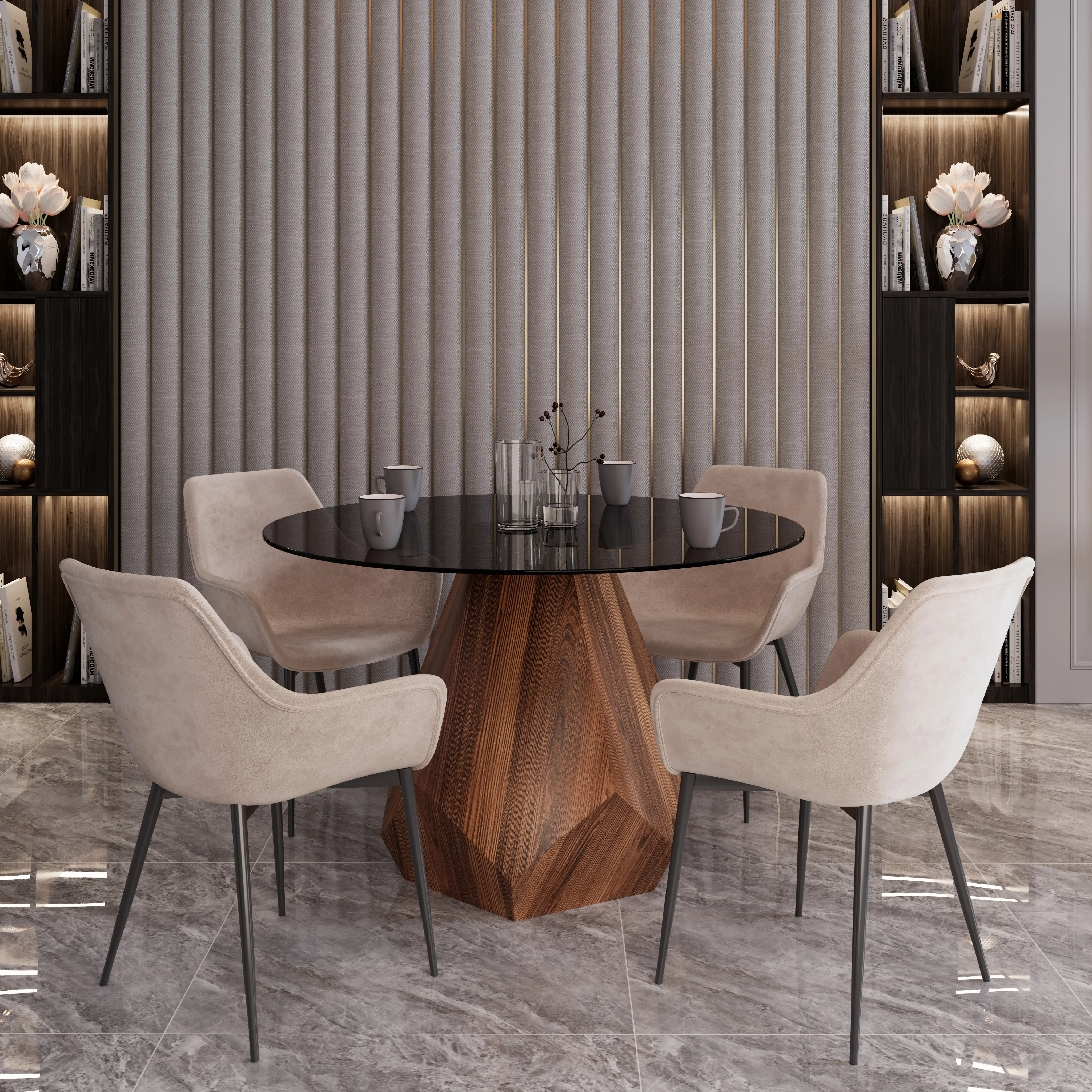 Nebo Modern Dining Table in Walnut Base with BLack Glass Top