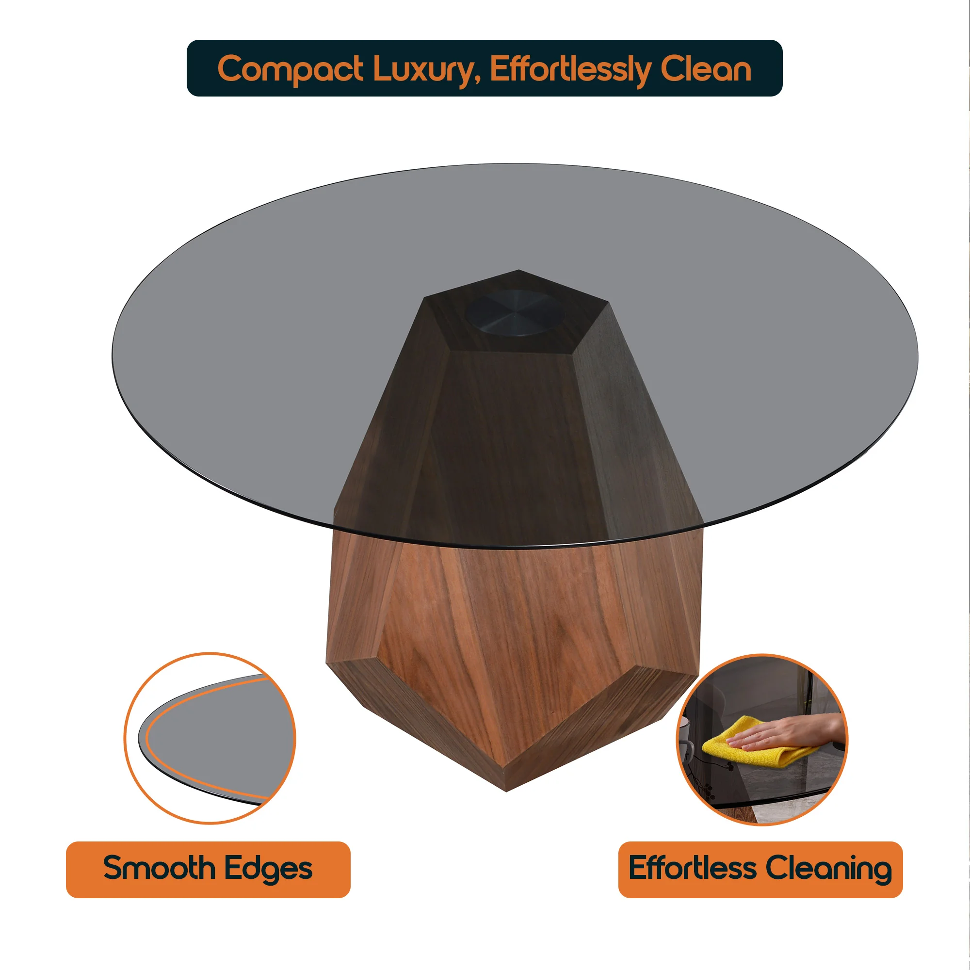 Nebo Modern Dining Table in Walnut Base with BLack Glass Top