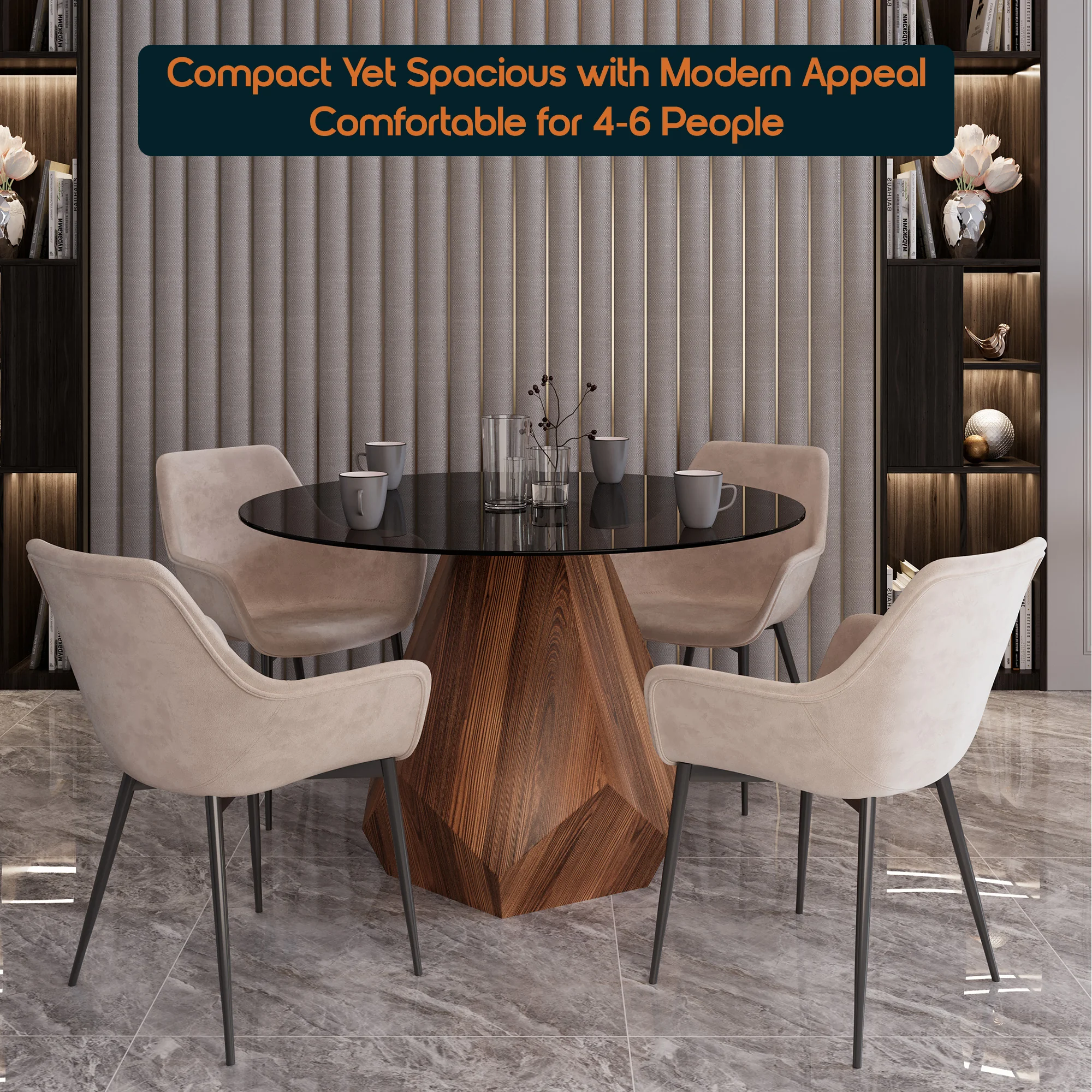 Nebo Modern Dining Table in Walnut Base with BLack Glass Top