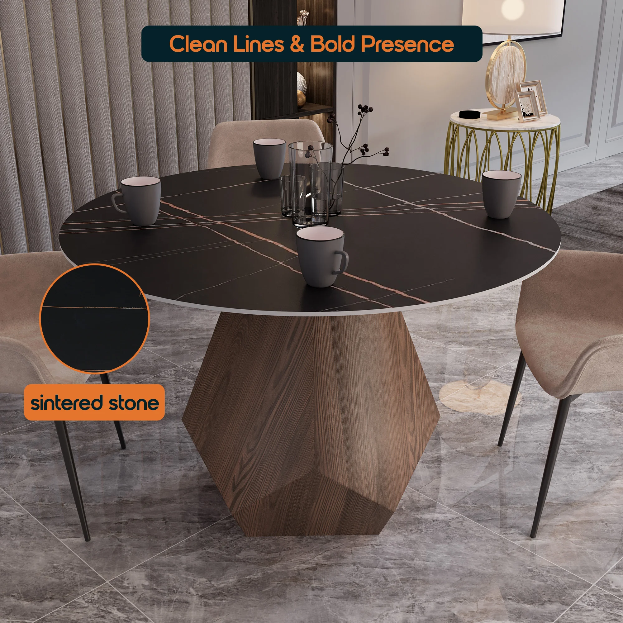 Nebo Modern Dining Table in Walnut Base with Black Sintered Stone  Top